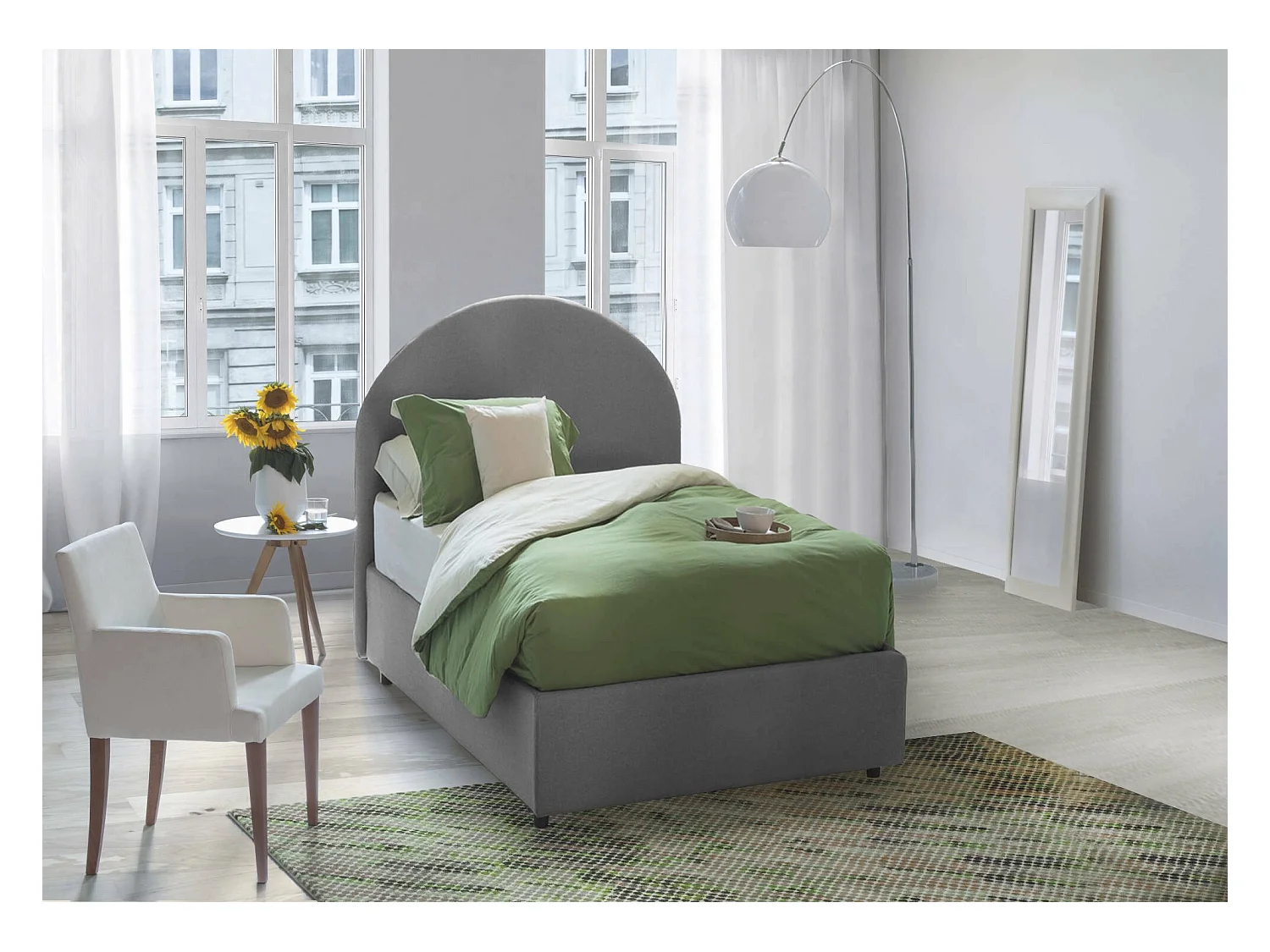 Lit simple Beatrice, Lit coffre avec revêtement en tissu, 100% Made in Italy, Ouverture frontale, adapté pour matelas 80x190 cm, Gris