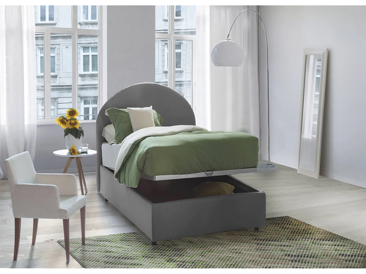 Beatrice eenpersoonsbed, Opbergbed met stoffen bekleding, 100% Made in Italy, Opening aan de voorzijde, geschikt voor matras 80x190 cm, Grijs