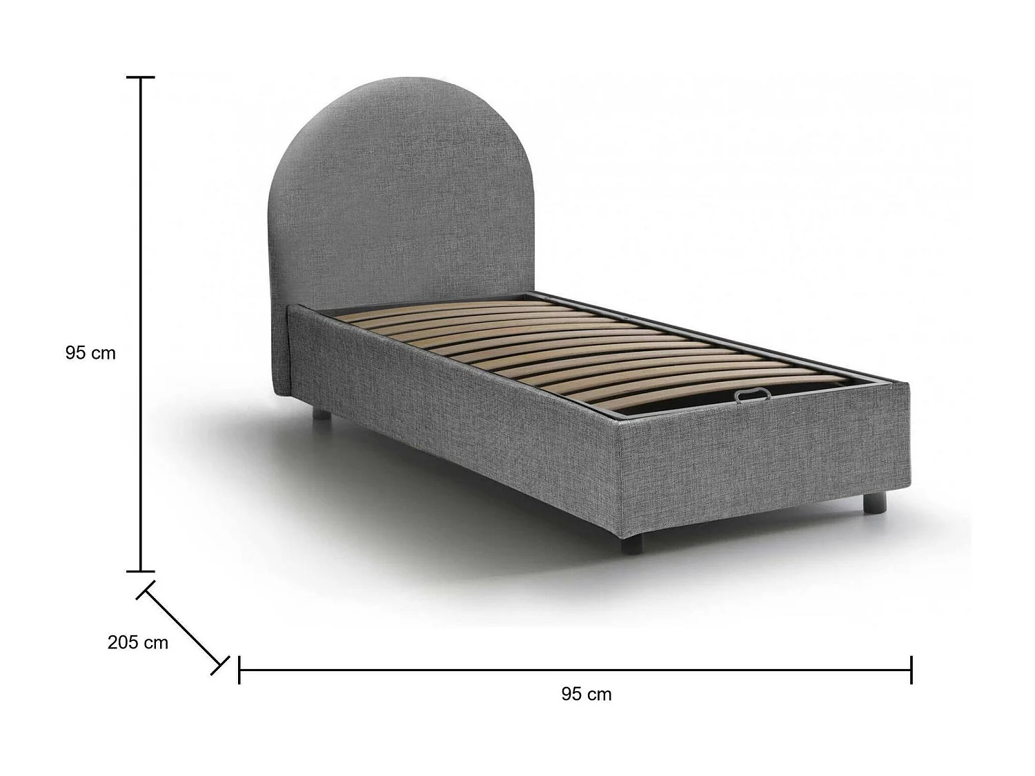 Cama de solteiro Beatrice, Cama de armazenamento com forro de tecido, 100% Fabricado na Itália, Abertura frontal, adequada para colchão 80x190 cm, Cinza