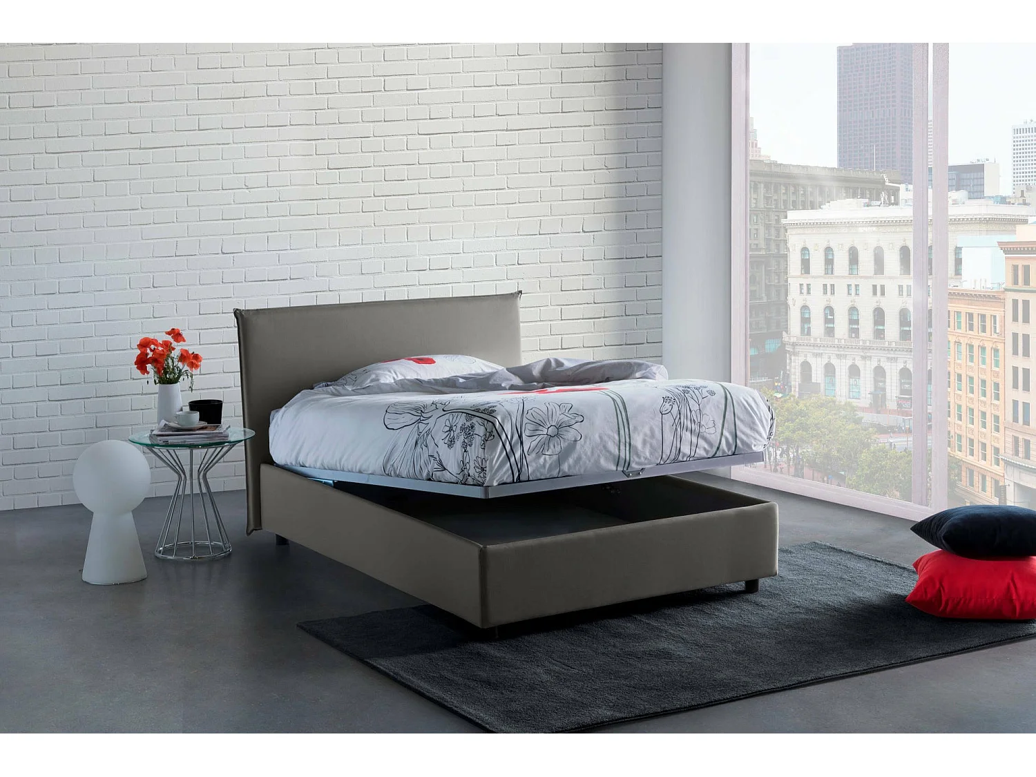Talamo Italia Bed Anderhalf Persoon Ashasa Grijs Afneembare Hoes, Opbergruimte, Matras 120x190 cm Made in Italy