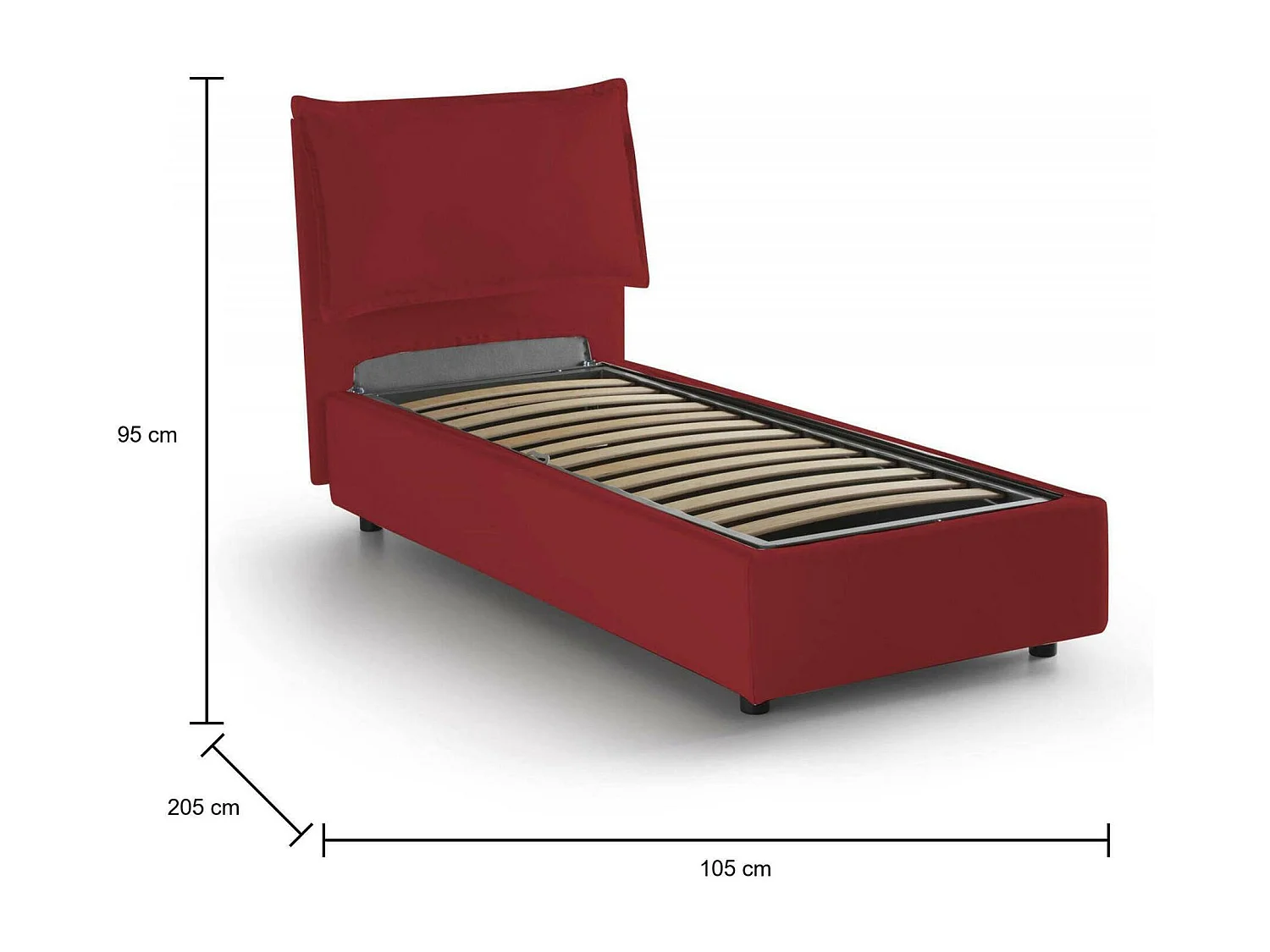 Lit simple Zusanne, Lit coffre avec revêtement en tissu, 100% Made in Italy, Ouverture frontale, adapté pour matelas 90x190 cm, Rouge