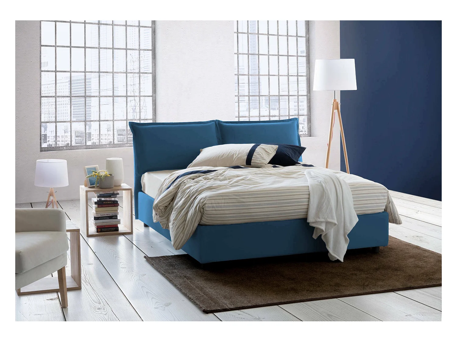 Letto matrimoniale Denise, Letto contenitore con rivestimento in tessuto, 100% Made in Italy, Apertura frontale, con materasso Cm 160x190 incluso, Blu
