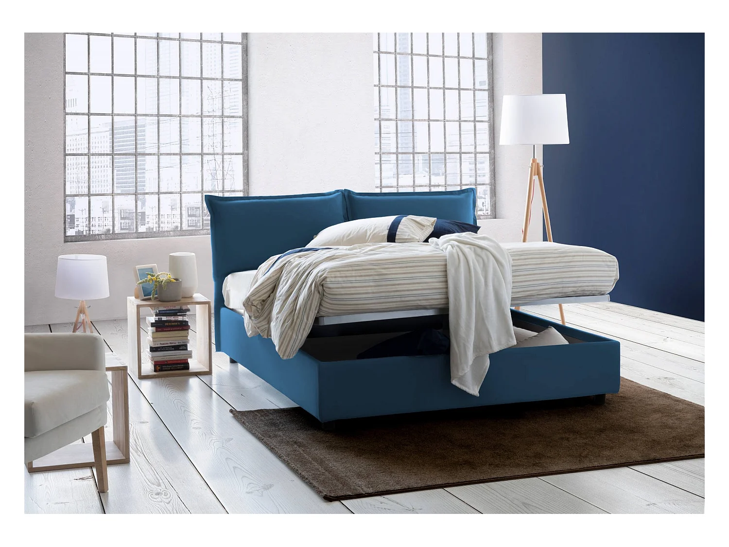 Letto matrimoniale Denise, Letto contenitore con rivestimento in tessuto, 100% Made in Italy, Apertura frontale, con materasso Cm 160x190 incluso, Blu