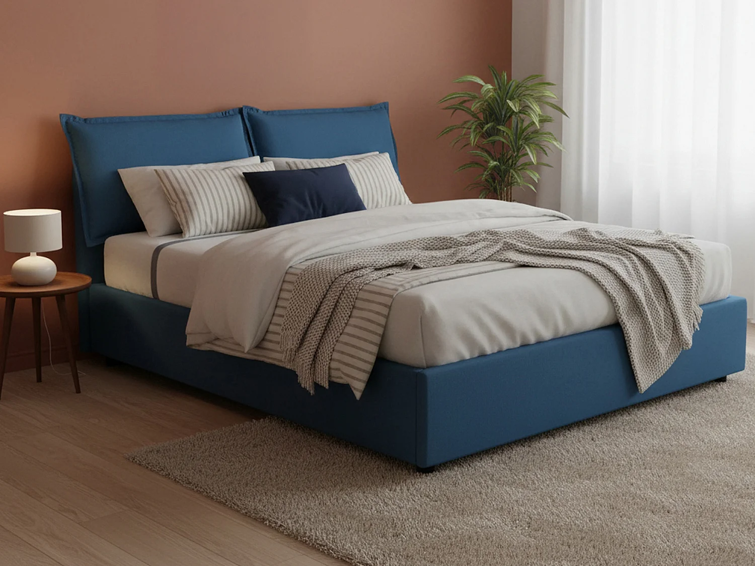 Talamo Italia Tweepersoonsbed Denise blauw Inclusief Matras, Afneembaar, Opbergcompartiment Made in Italy