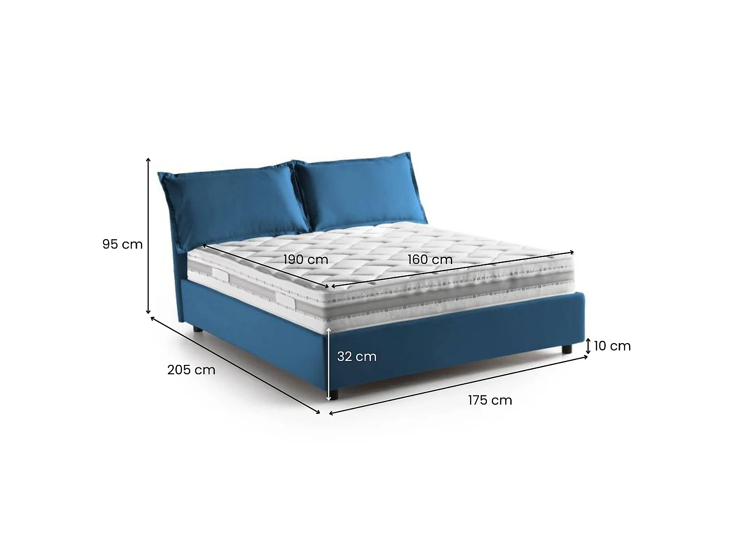 Talamo Italia Tweepersoonsbed Denise blauw Inclusief Matras, Afneembaar, Opbergcompartiment Made in Italy
