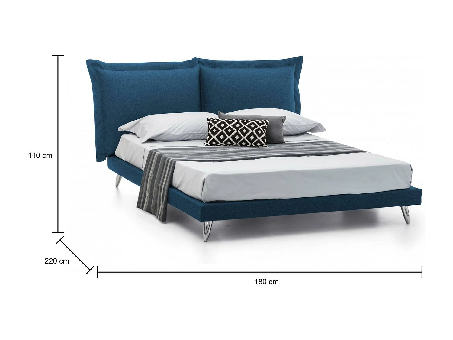 Doppelbett Ludovica, Festbett aus Stoff mit Füßen, 100 % Made in Italy, geeignet für Matratzen 160 x 190 cm, Blau