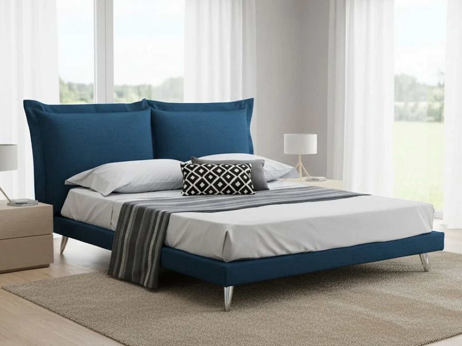 Cama doble Ludovica, Cama fija de tela con pies, 100% Made in Italy, apta para colchón de 160x190 cm, Azul