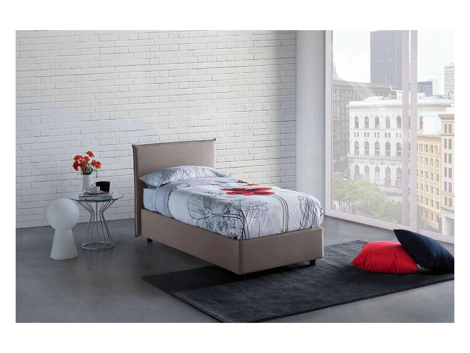 Einzelbett Claire, Bettkasten mit Stoffbezug, 100 % Made in Italy, Öffnung vorne, inklusive Matratze 90 x 200 cm, Taupe
