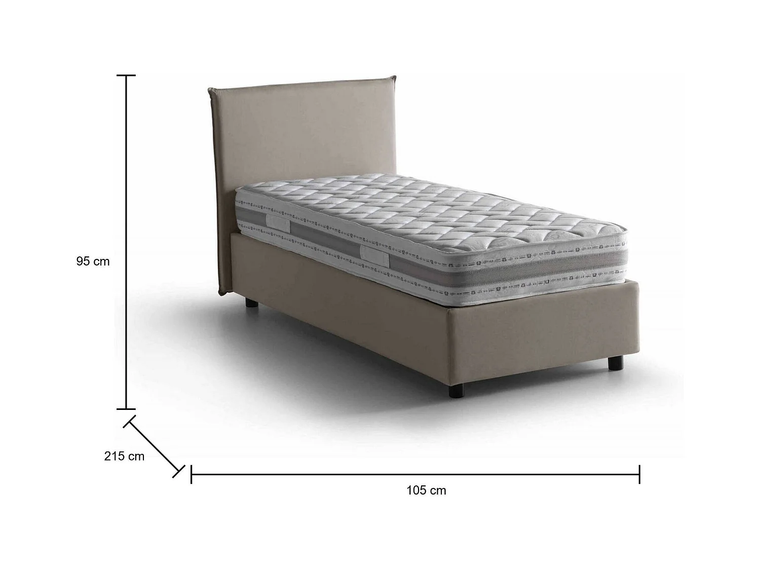 Einzelbett Claire, Bettkasten mit Stoffbezug, 100 % Made in Italy, Öffnung vorne, inklusive Matratze 90 x 200 cm, Taupe