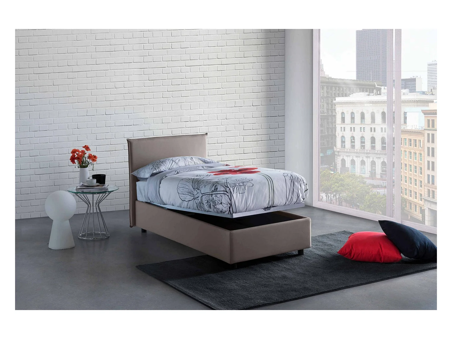 Einzelbett Claire, Bettkasten mit Stoffbezug, 100 % Made in Italy, Öffnung vorne, inklusive Matratze 90 x 200 cm, Taupe