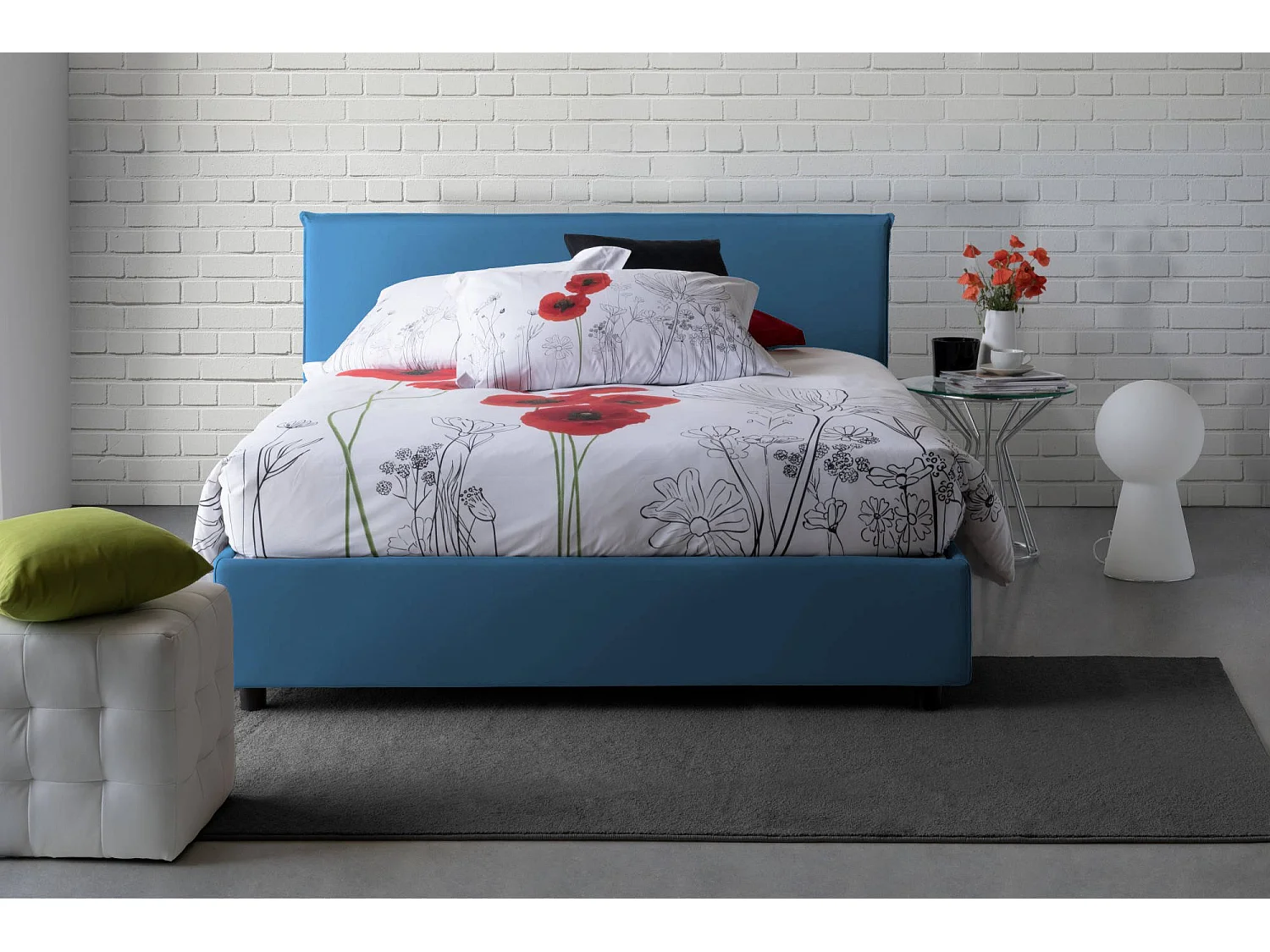 Lit double Berenice, Lit coffre avec revêtement en tissu, 100% Made in Italy, Ouverture frontale, adapté pour matelas 140x200 cm, Bleu