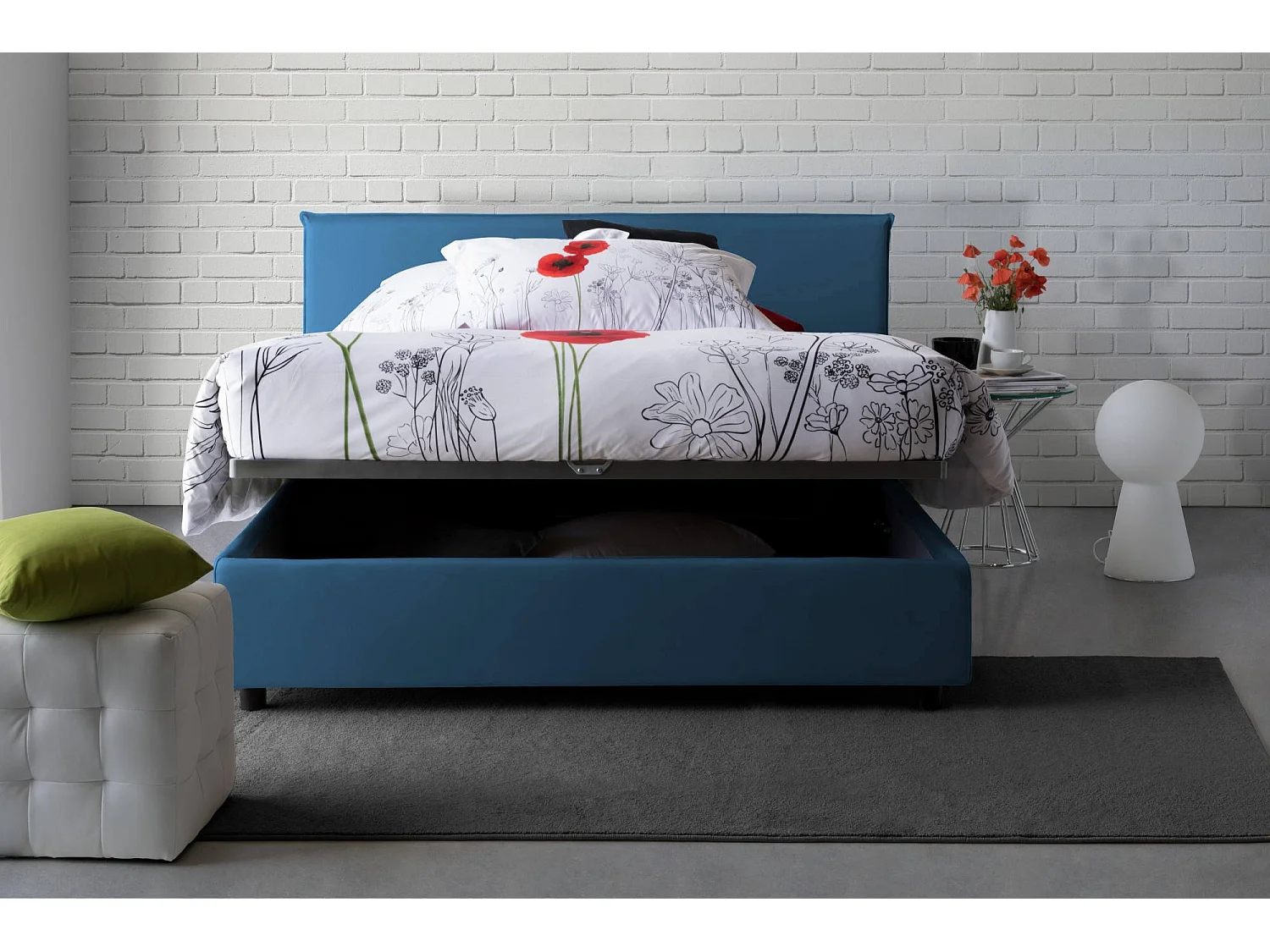 Lit double Betty, Lit coffre avec revêtement en tissu, 100% Made in Italy, Ouverture frontale, adapté pour matelas 160x190 cm, Bleu