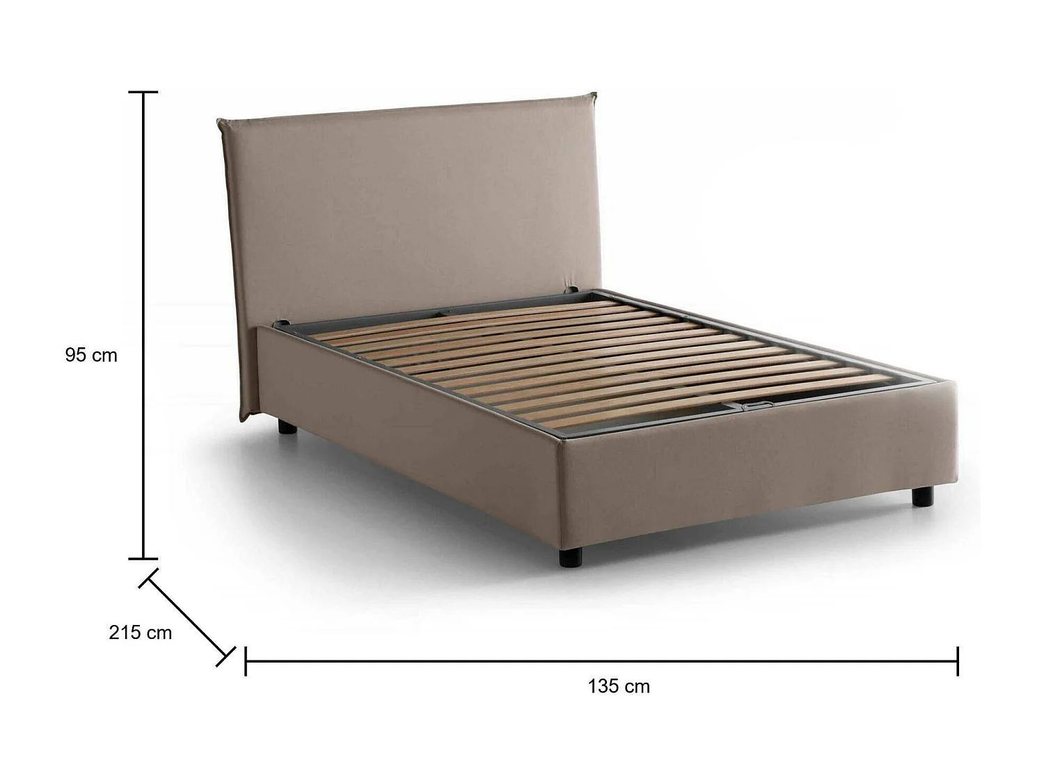 Letto piazza e mezza Astrid, Letto contenitore con rivestimento in tessuto, 100% Made in Italy, Apertura frontale, adatto per materasso Cm 120x200, Tortora