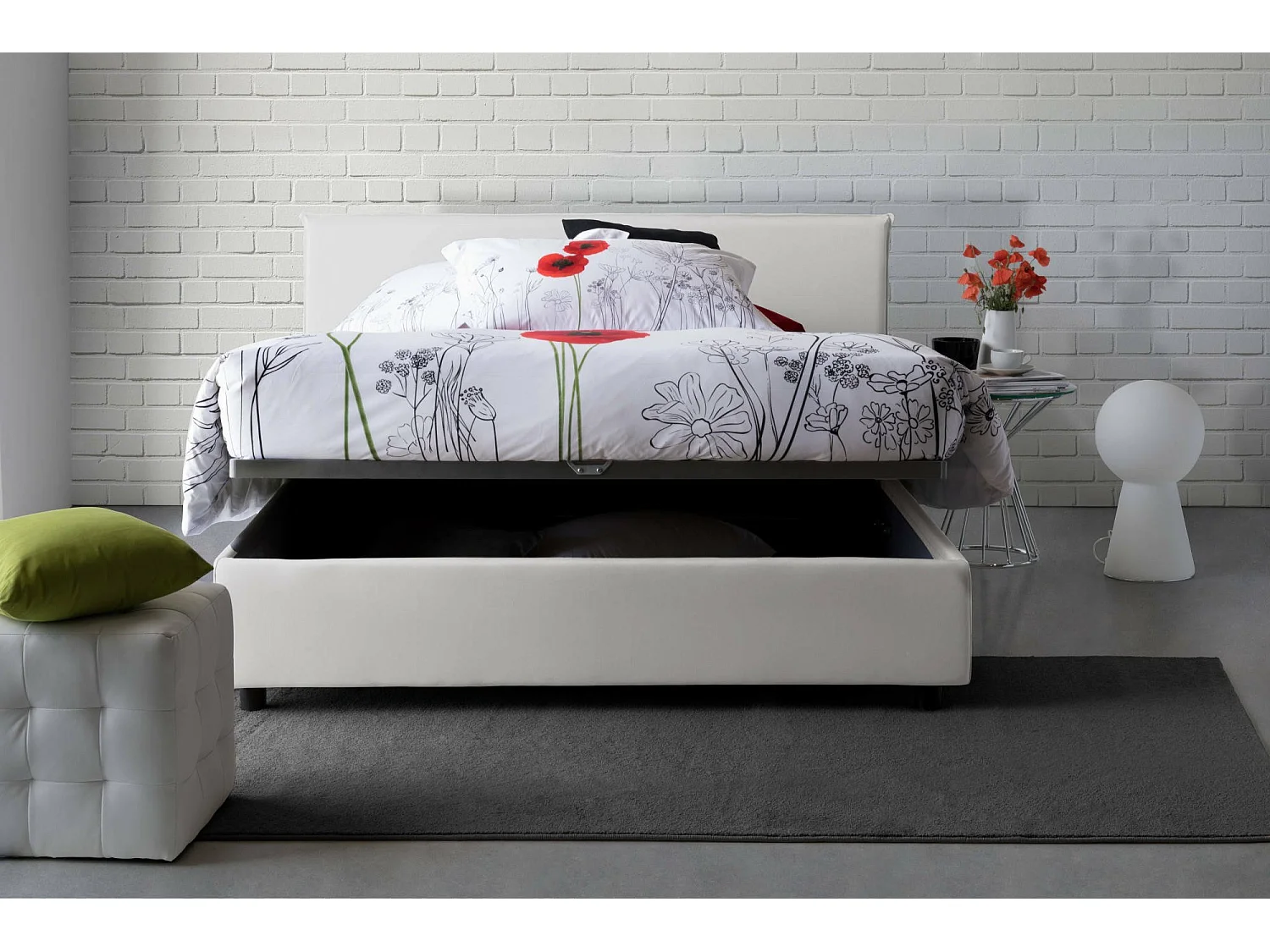 Cama doble Bernadette, Cama contenedor con revestimiento de tela, 100% Made in Italy, Apertura frontal, con colchón de 140x200 cm incluido, Blanco