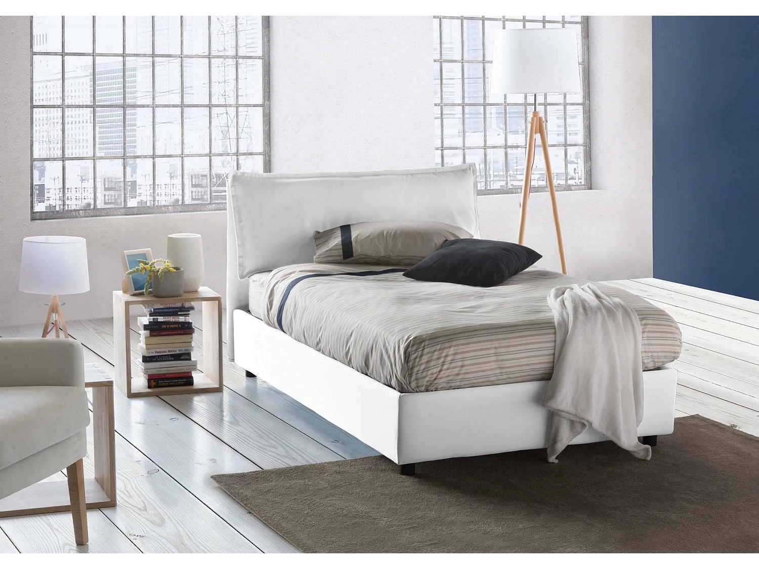 Lit double Gloria, Lit coffre avec revêtement en tissu, 100% Made in Italy, Ouverture frontale, adapté pour matelas 120x190 cm, Blanc