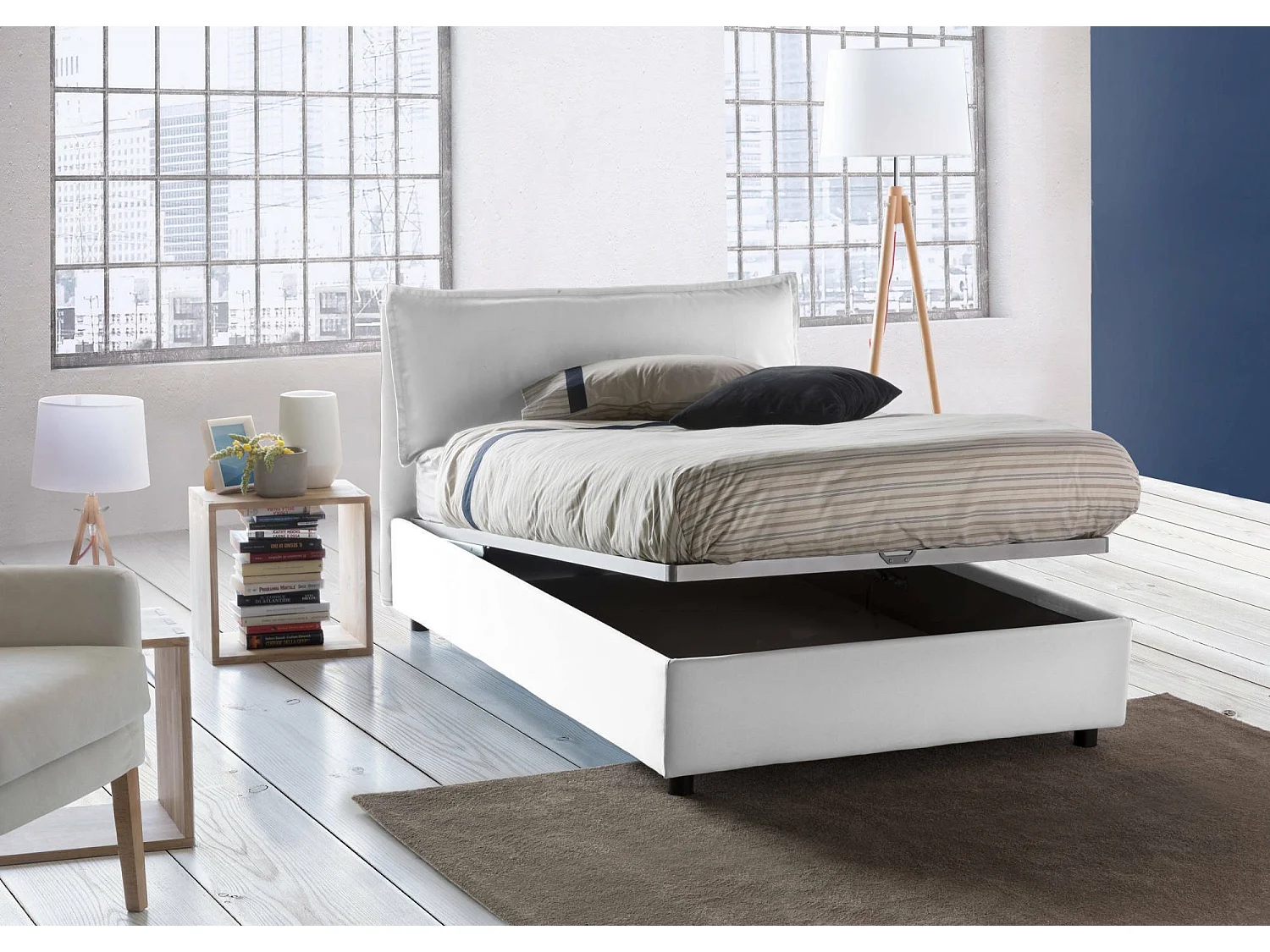 Lit double Gloria, Lit coffre avec revêtement en tissu, 100% Made in Italy, Ouverture frontale, adapté pour matelas 120x190 cm, Blanc