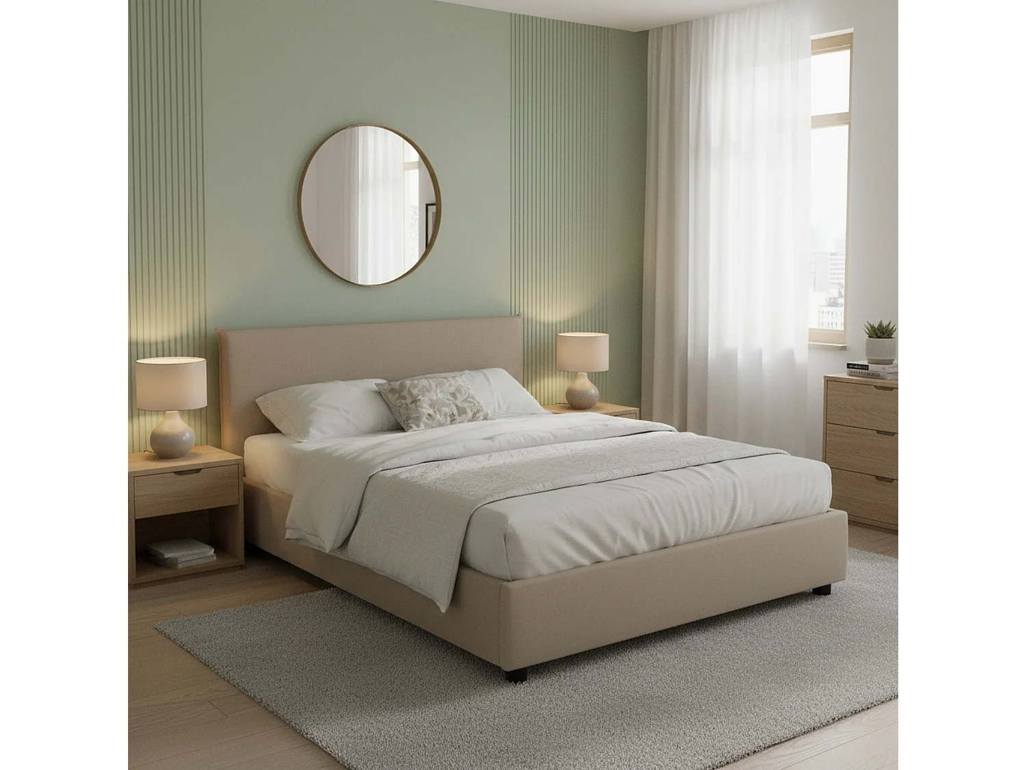 Lit double Aurelia, Lit coffre avec revêtement en éco-cuir, 100% Made in Italy, Ouverture frontale, avec matelas 140x190 cm inclus, Taupe