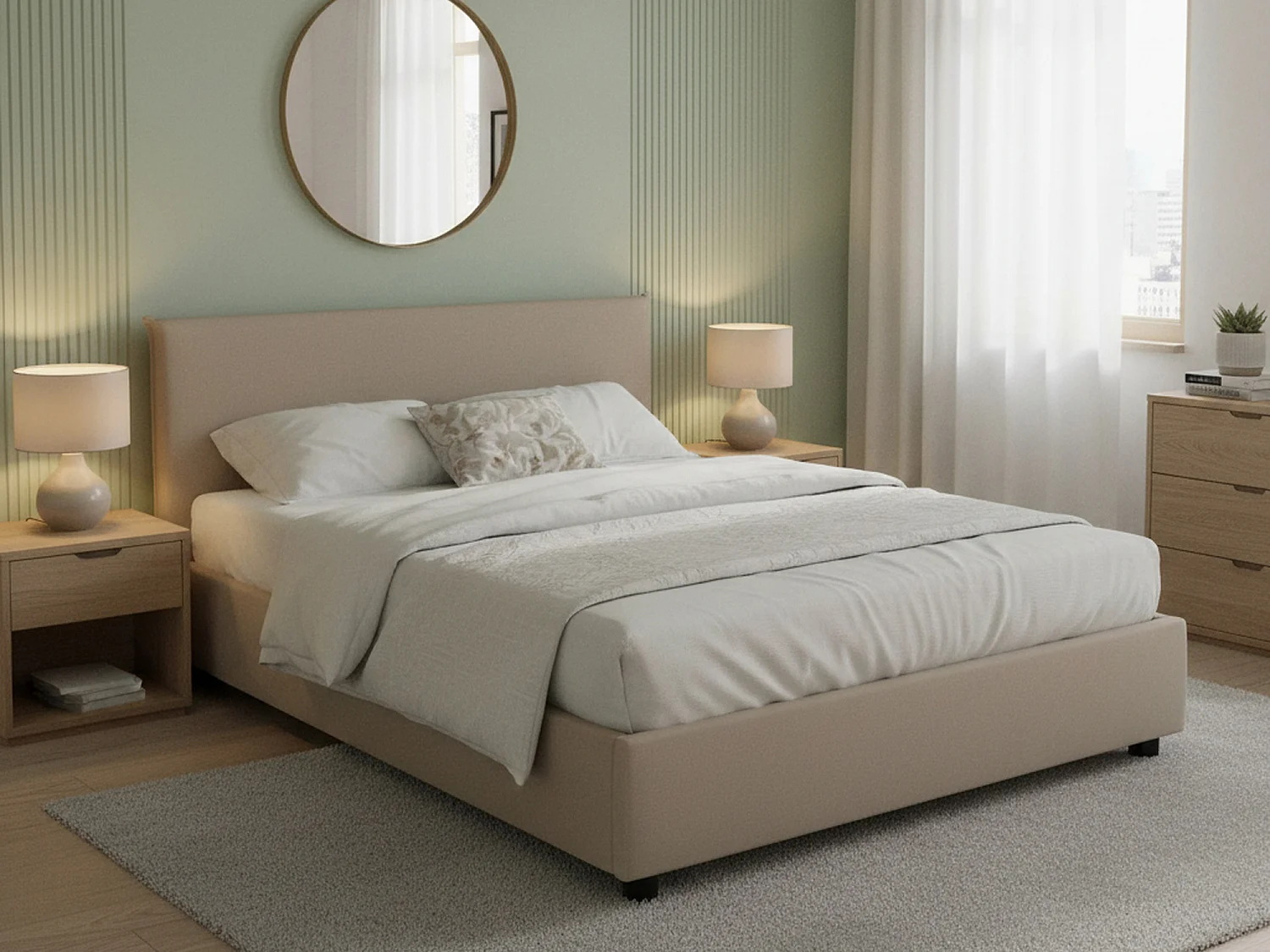 Lit double Aurelia, Lit coffre avec revêtement en éco-cuir, 100% Made in Italy, Ouverture frontale, avec matelas 140x190 cm inclus, Taupe