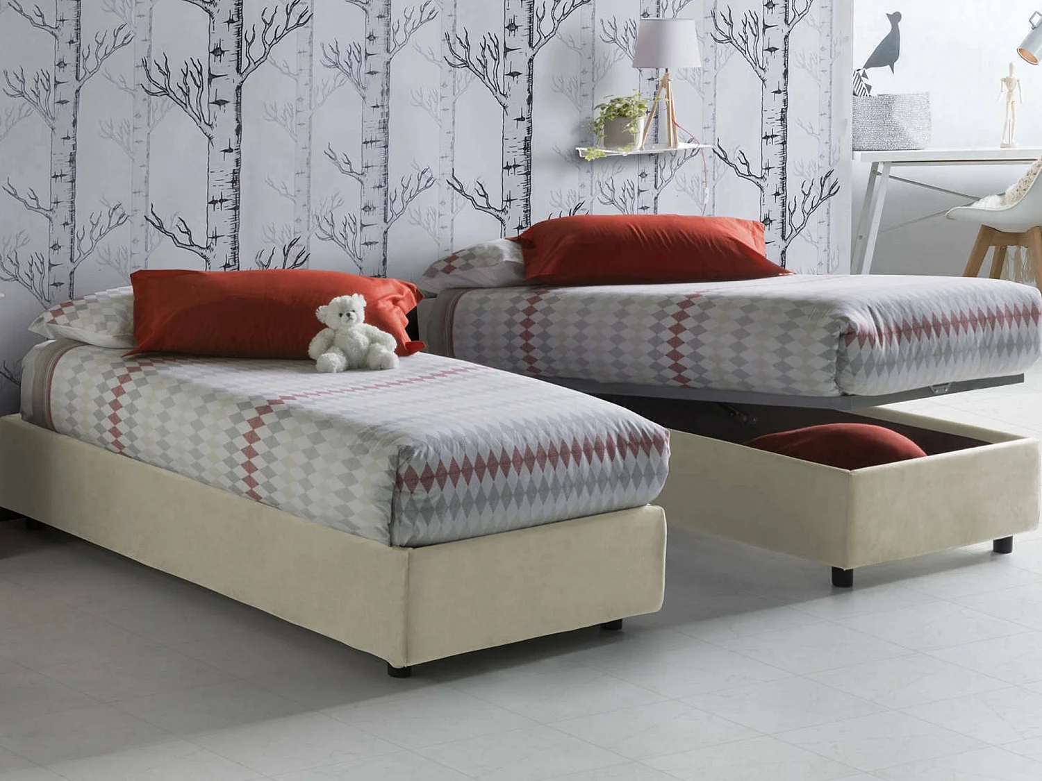 Letto singolo Valentina, Letto contenitore con rivestimento in tessuto, 100% Made in Italy, Apertura frontale, con materasso Cm 90x200 incluso, Beige