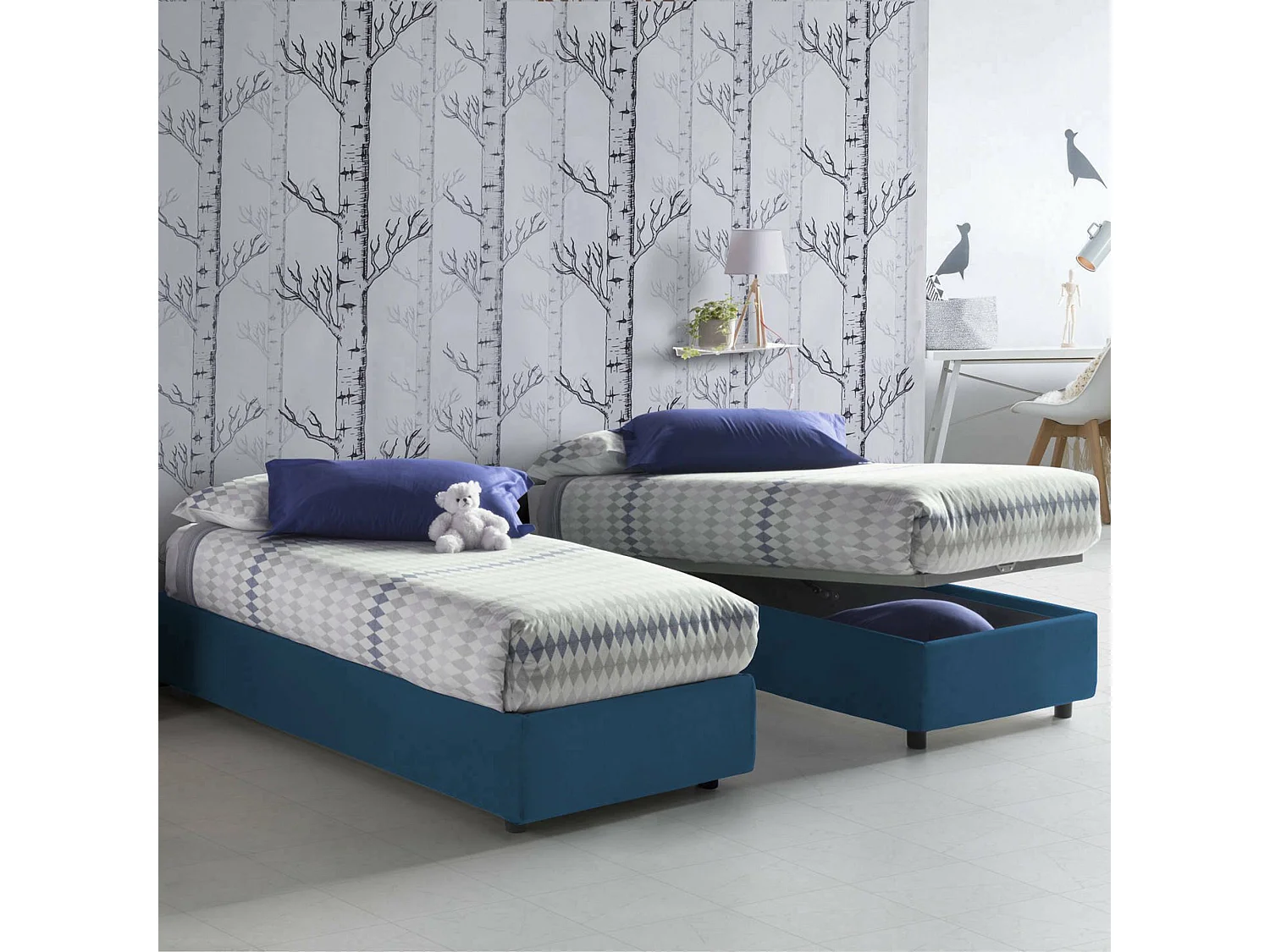 Lit simple Laura, Lit coffre avec revêtement en tissu, 100% Made in Italy, Ouverture frontale, adapté pour matelas 90x200 cm, Bleu