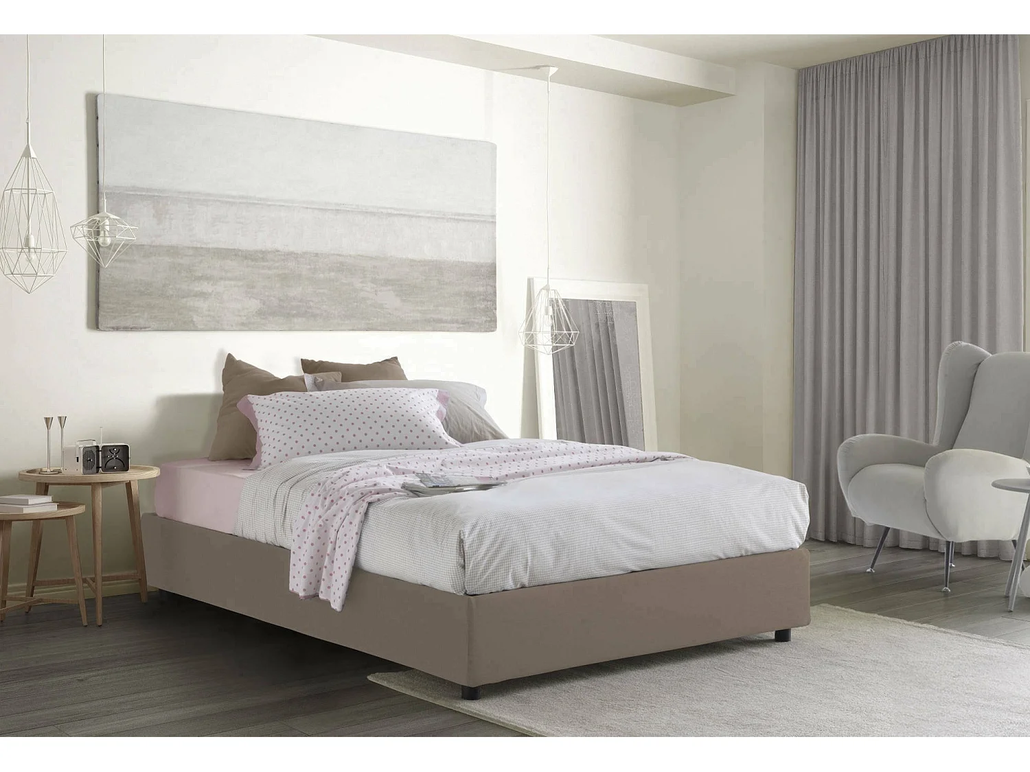 Maria tweepersoonsbed, Opbergbed met stoffen bekleding, 100% Made in Italy, Opening aan de voorzijde, geschikt voor matras 160x200 cm, Taupe