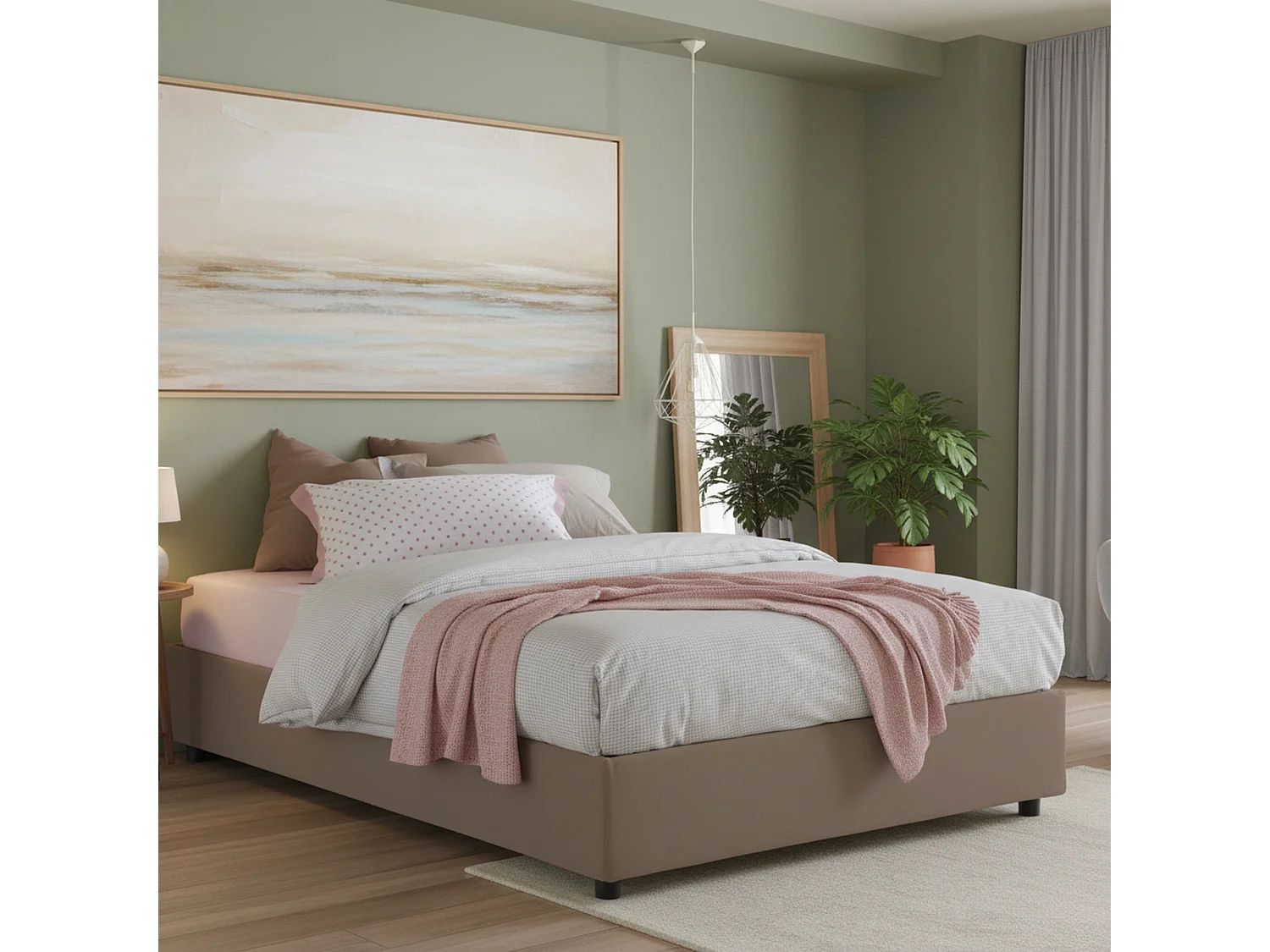 Lit double Adele, Lit coffre avec revêtement en tissu, 100% Made in Italy, Ouverture frontale, avec matelas 140x190 cm inclus, Taupe