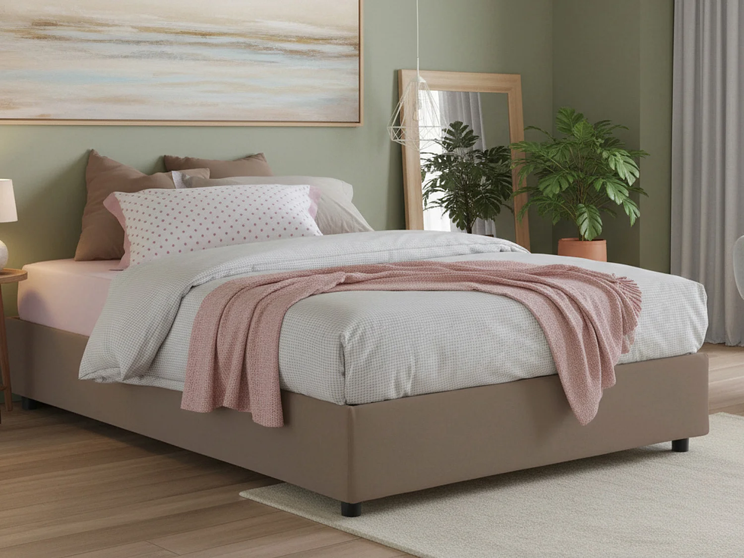 Lit double Adele, Lit coffre avec revêtement en tissu, 100% Made in Italy, Ouverture frontale, avec matelas 140x190 cm inclus, Taupe