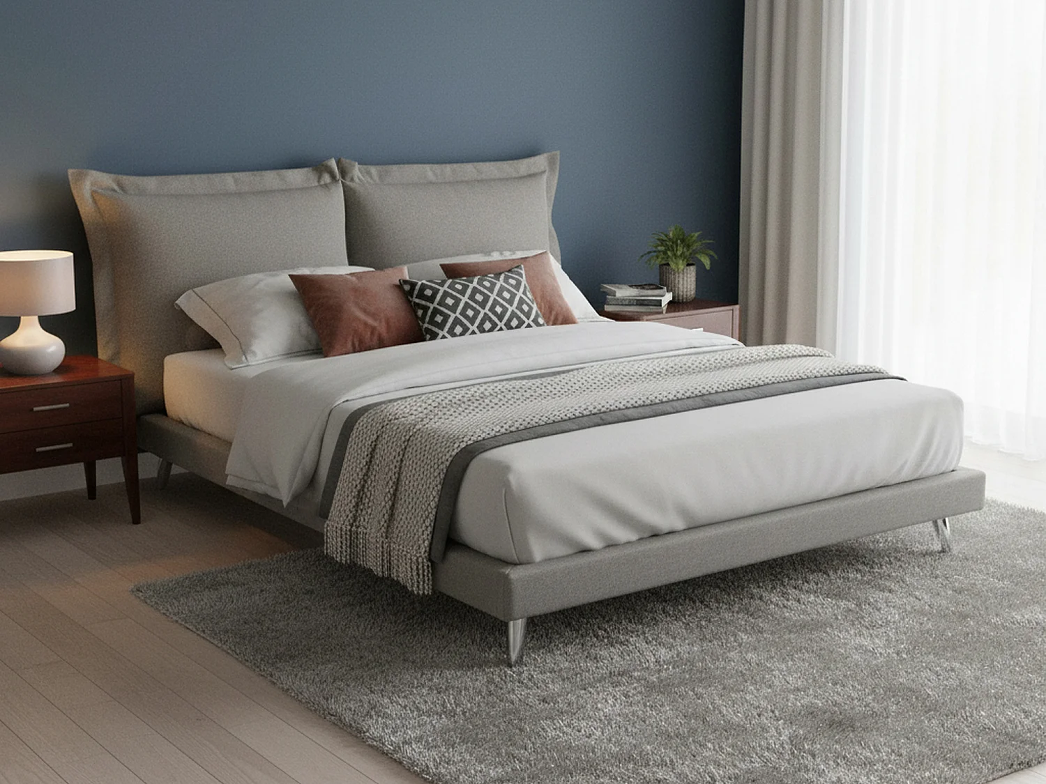 Cama doble Ludovica, Cama fija de tela con pies, 100% Made in Italy, apta para colchón de 160x190 cm, Gris