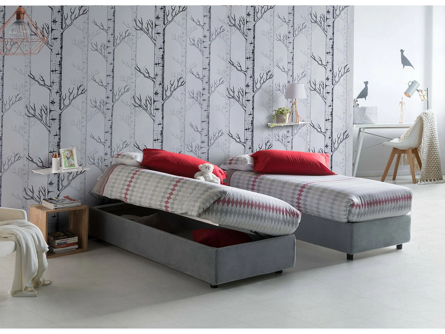 Cama doble Gaia, Cama contenedor con revestimiento de tela, 100% Made in Italy, Apertura lateral, con colchón 120x190 cm incluido, Gris