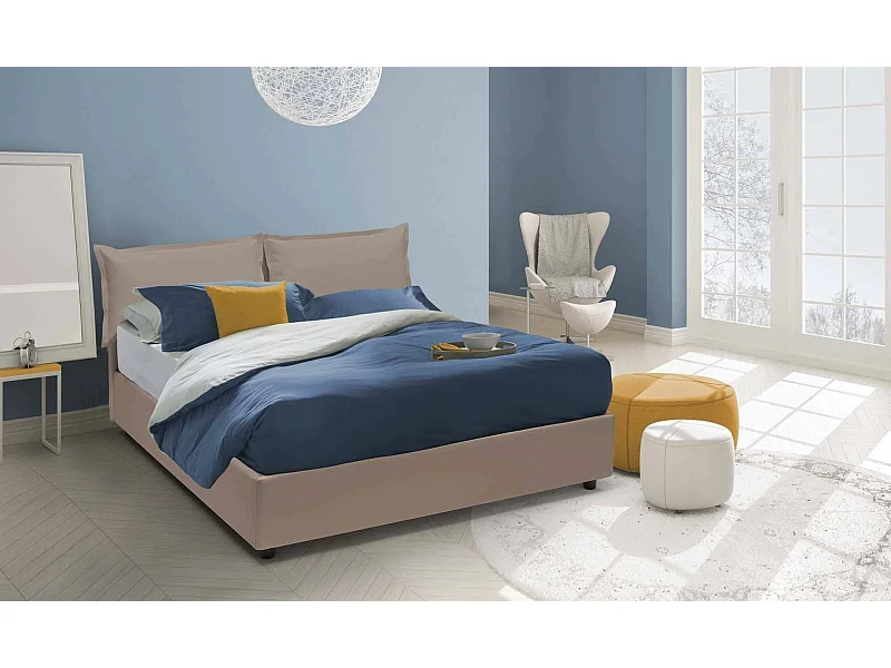Lit double Michela, Lit coffre avec revêtement en éco-cuir, 100% Made in Italy, Ouverture frontale, avec matelas 140x190 cm inclus, Taupe