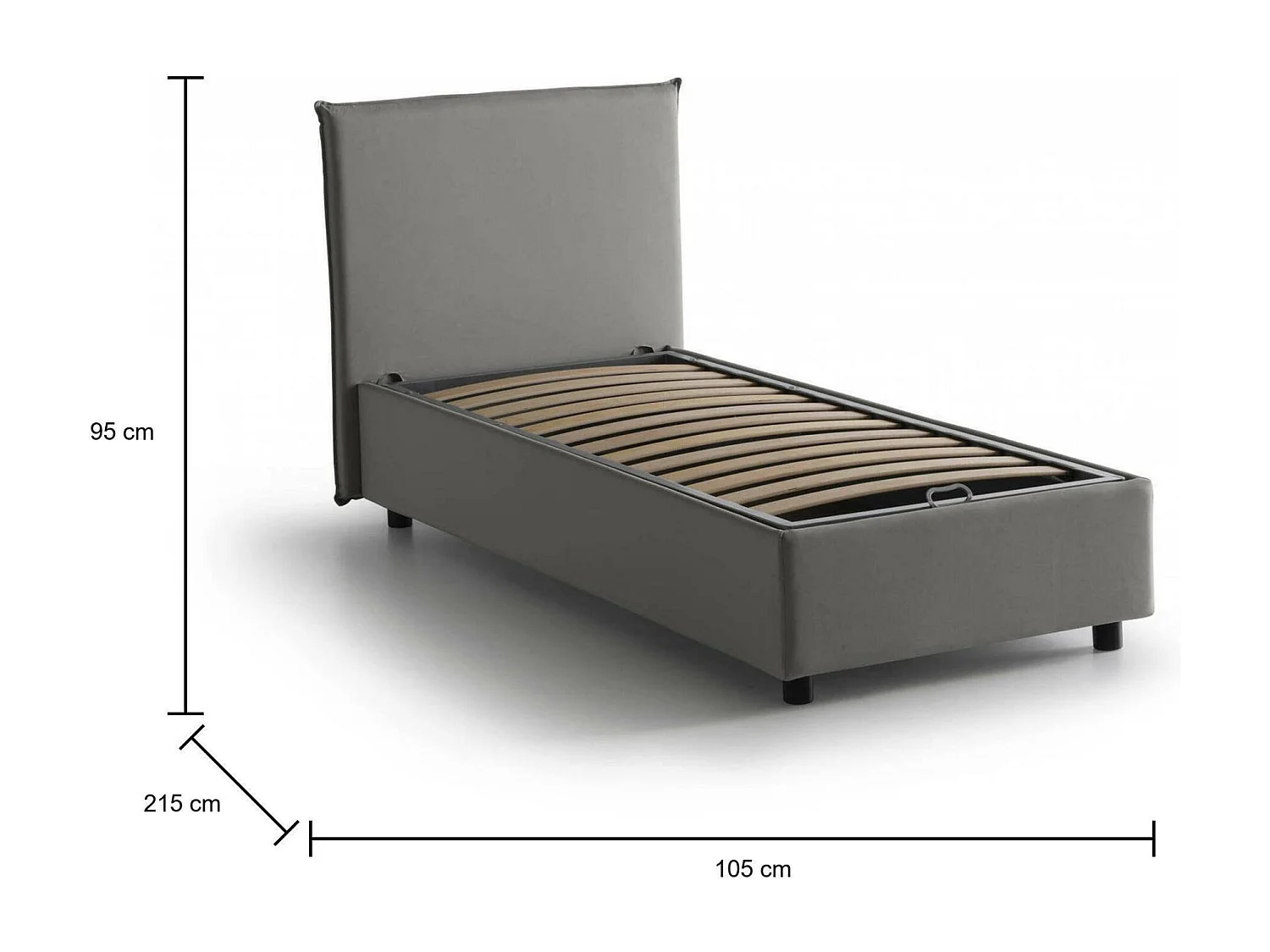 Einzelbett Cira, Bettkasten mit Stoffbezug, 100 % Made in Italy, Ã–ffnung vorne, geeignet für Matratzen 90 x 200 cm, Grau