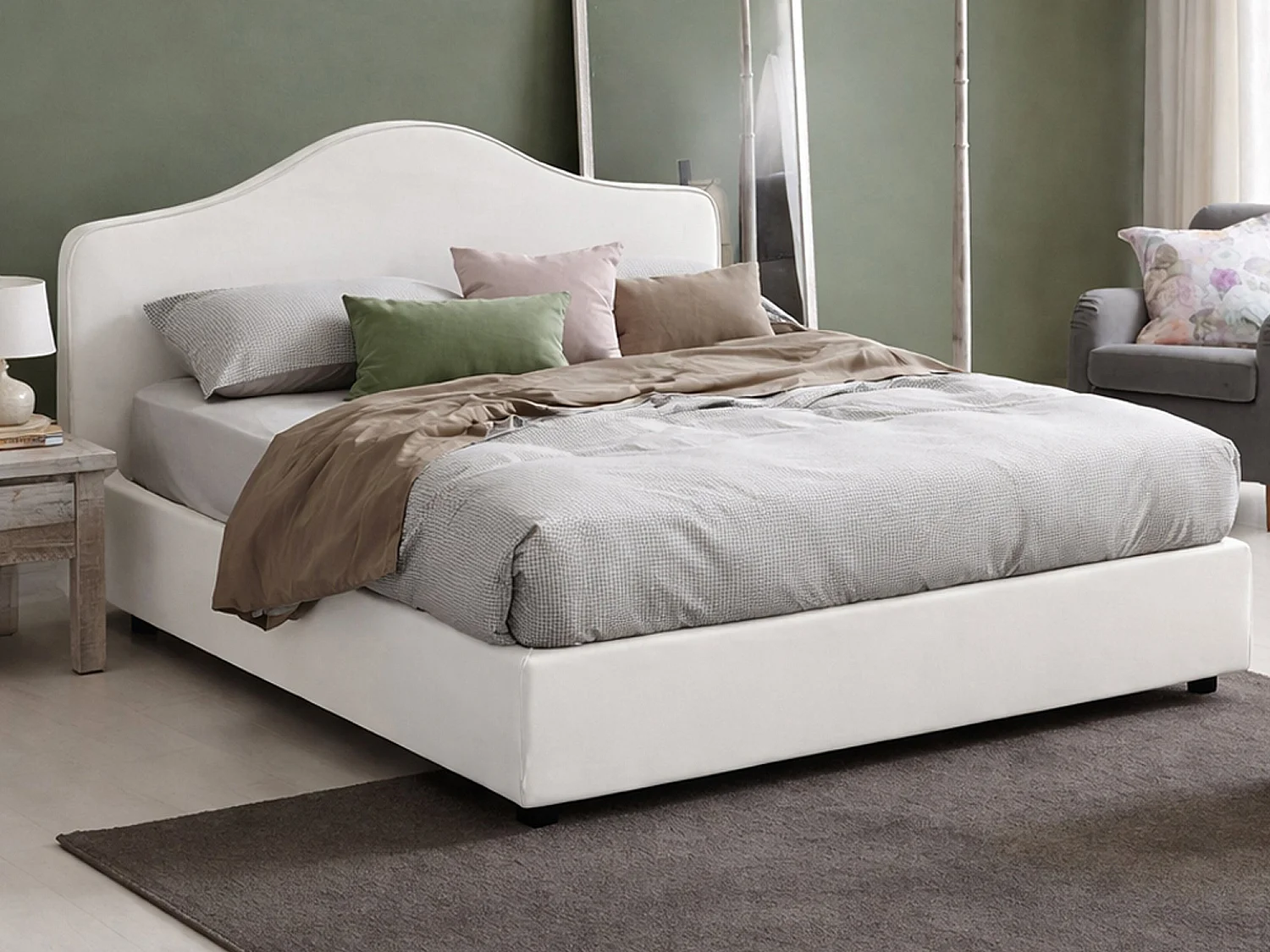 Cama de casal Mirta, Cama de arrumação com forro de tecido, 100% Fabricado em Itália, Abertura frontal, com colchão 160x200 cm incluído, Branco