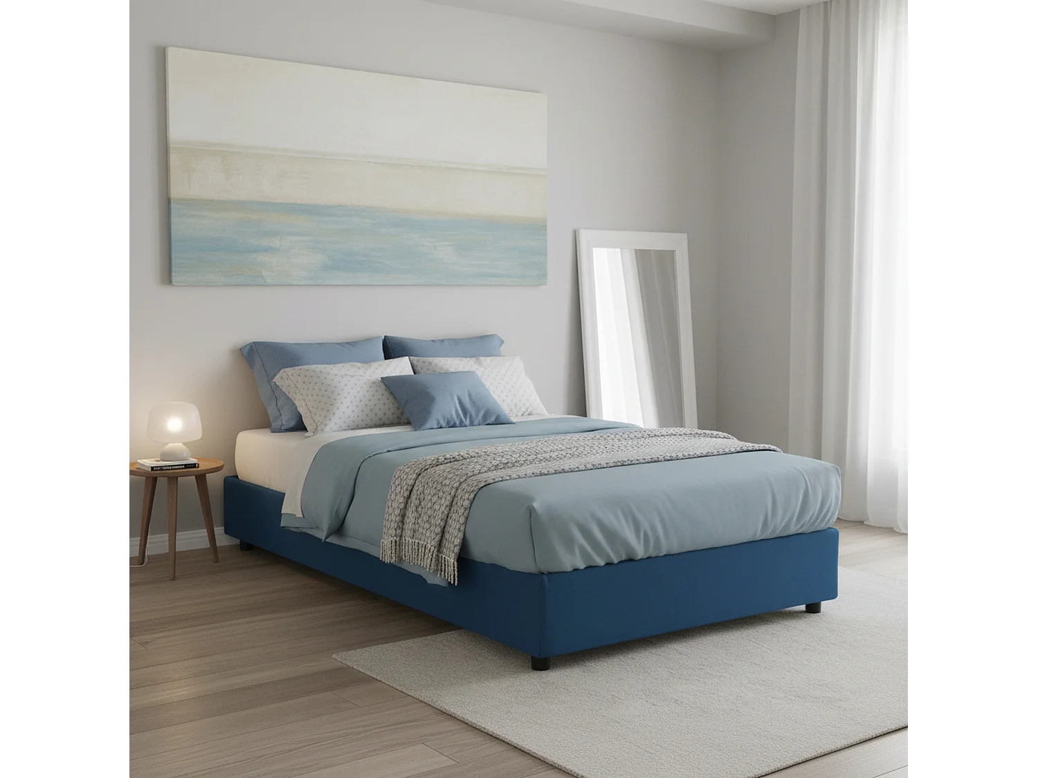 Lit double Azzurra, Lit coffre avec revêtement en tissu, 100% Made in Italy, Ouverture frontale, adapté pour matelas 140x190 cm, Bleu