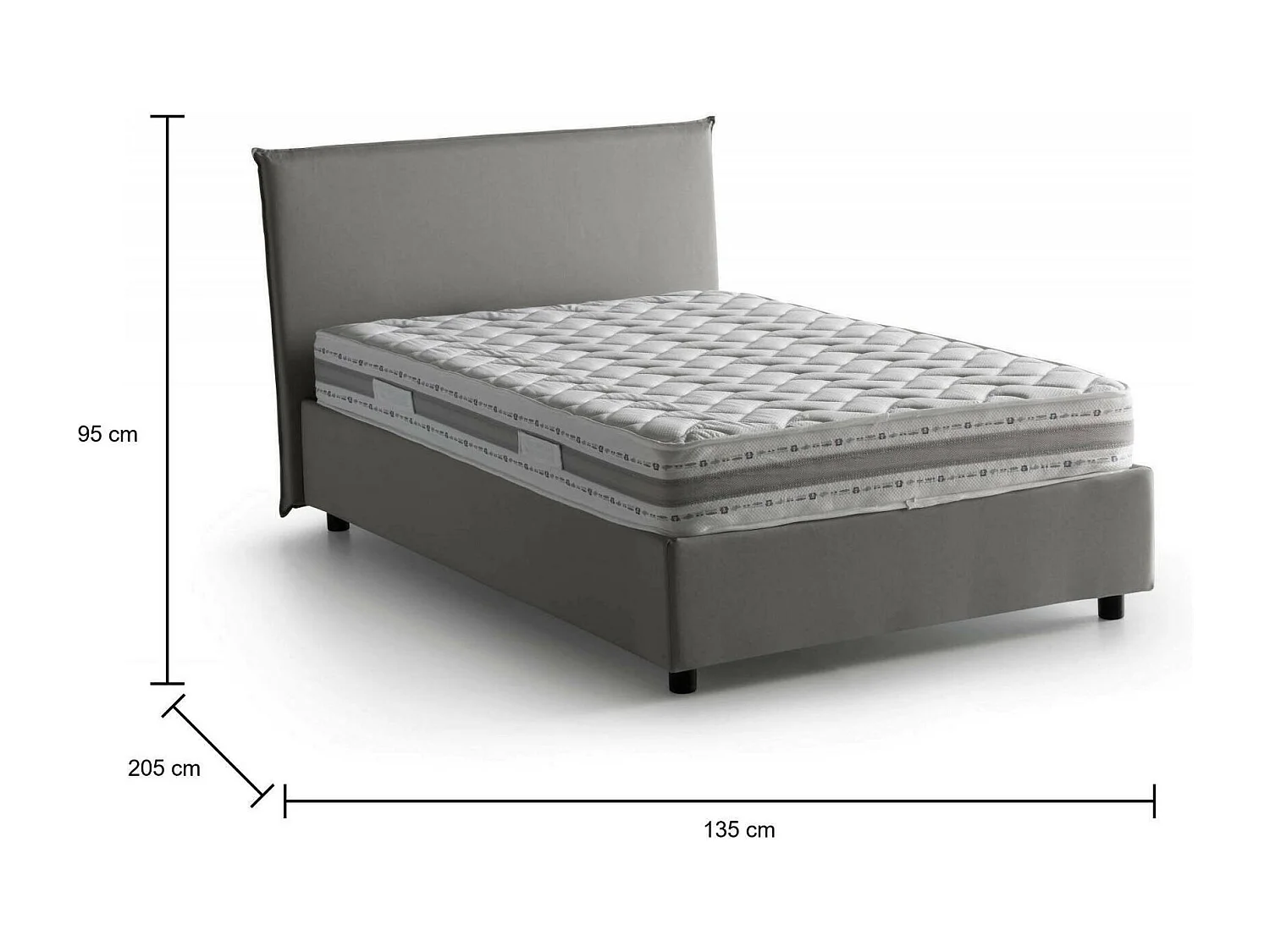 Letto piazza e mezza Asmara, Letto contenitore con rivestimento in tessuto, 100% Made in Italy, Apertura frontale, con materasso Cm 120x190 incluso, Grigio