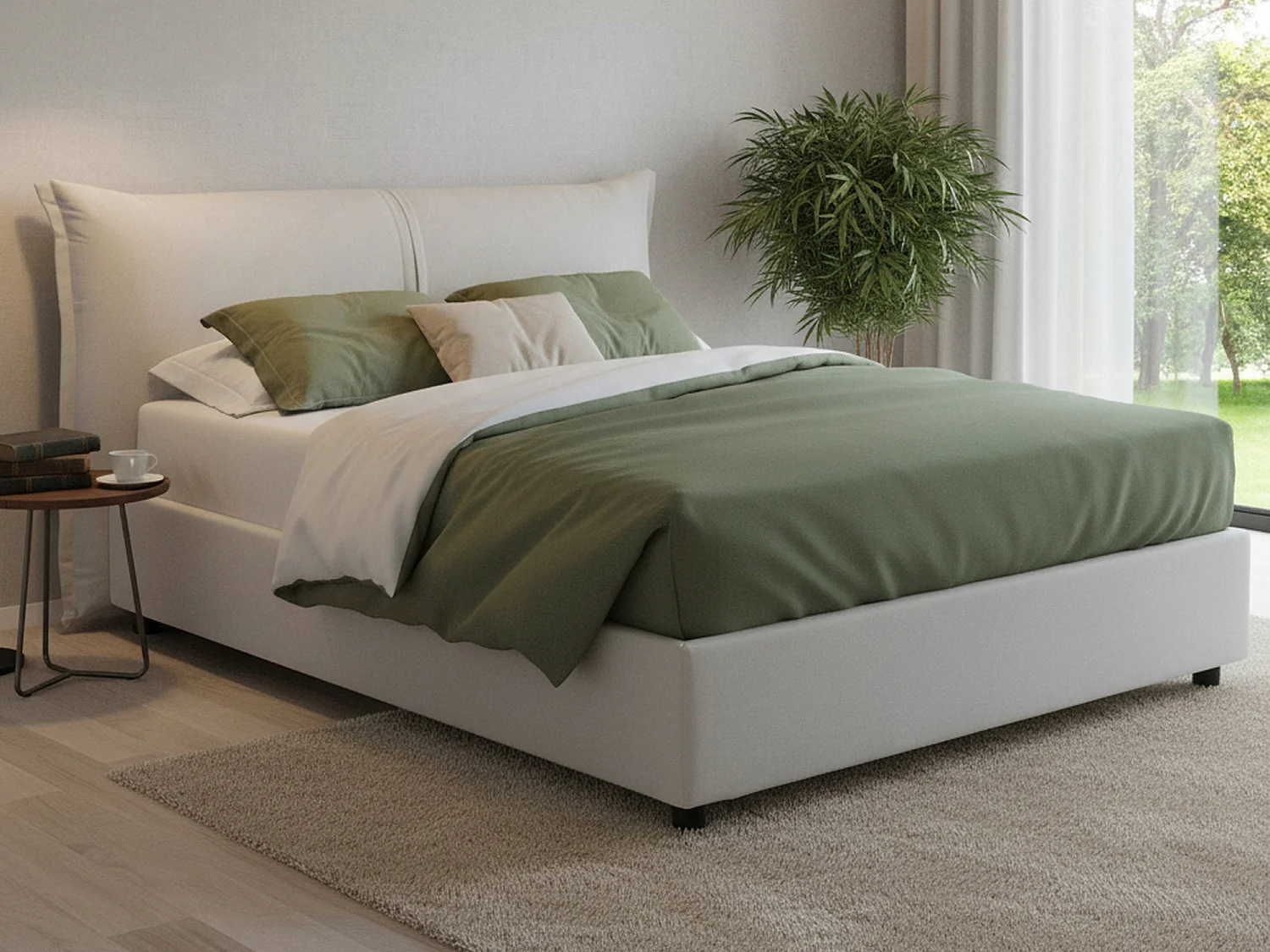 Cama doble Cesira, Cama contenedor con revestimiento de tela, 100% Made in Italy, Apertura frontal, Apto para colchón de 160x200 cm, Blanco