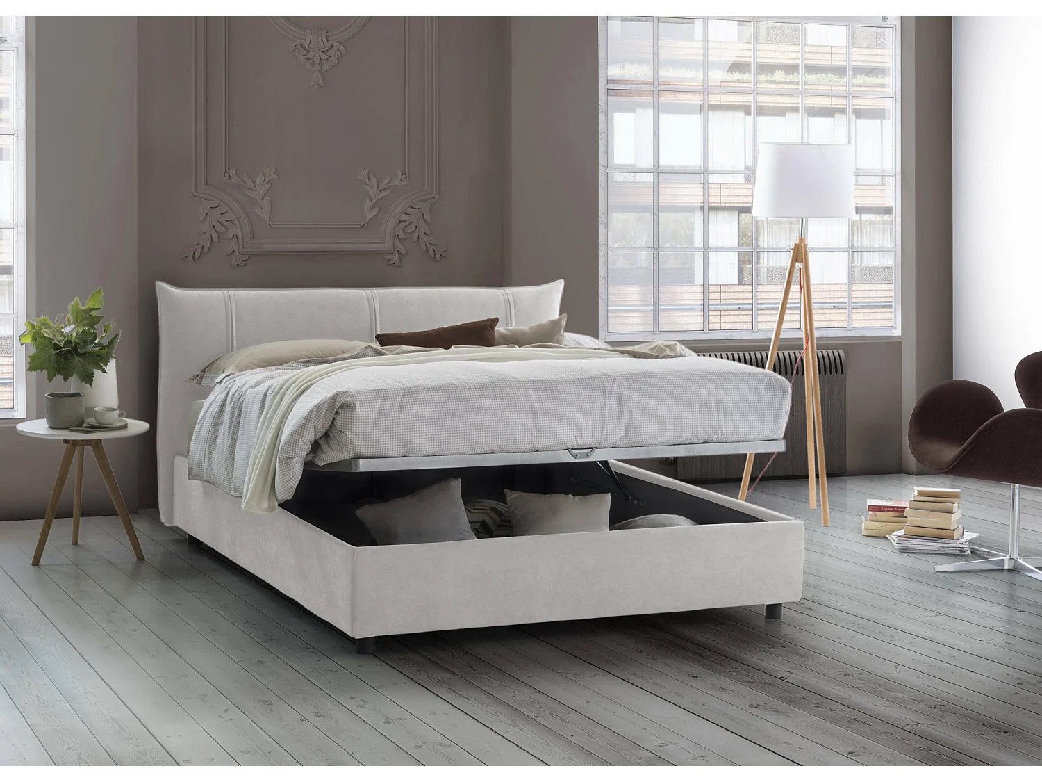 Cama doble Celeste, Cama contenedor con revestimiento de tela, 100% Made in Italy, Apertura frontal, Apto para colchón de 160x190 cm, Blanco