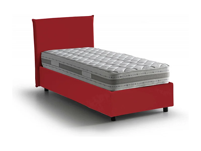 Cama individual Carola, Cama contenedor con revestimiento de tela, 100% Made in Italy, Apertura lateral, con colchón de 80x190 cm incluido, Rojo