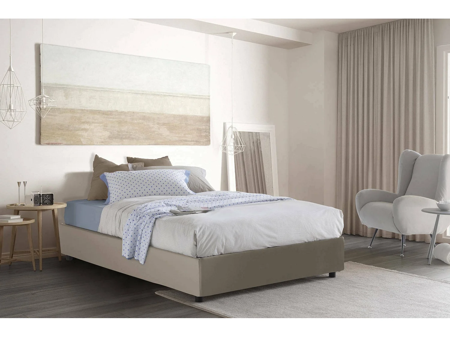 Talamo Italia Bed Anderhalf Greta Grijs Taupe Met Matras Afneembaar, Opslag Made in Italy