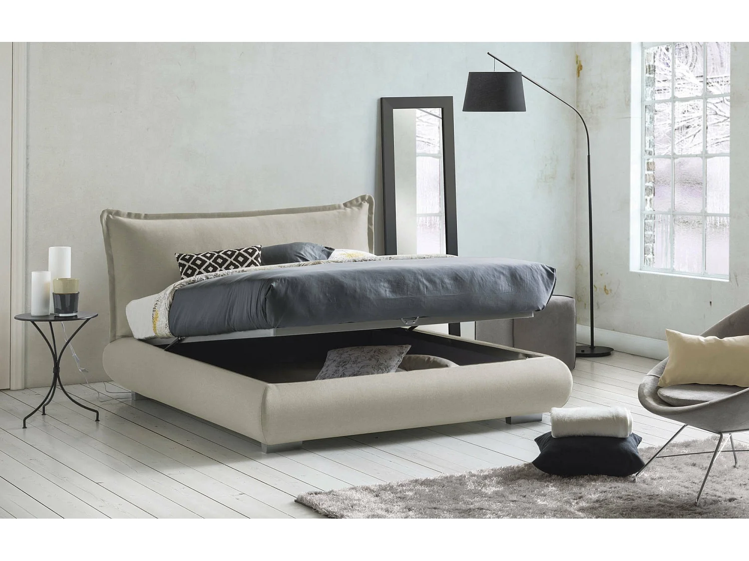 Cama doble Ilenia, Cama contenedor con tapizado y cabecero de tela, 100% Made in Italy, Apertura frontal, Apto para colchón de 160x190 cm, Beige