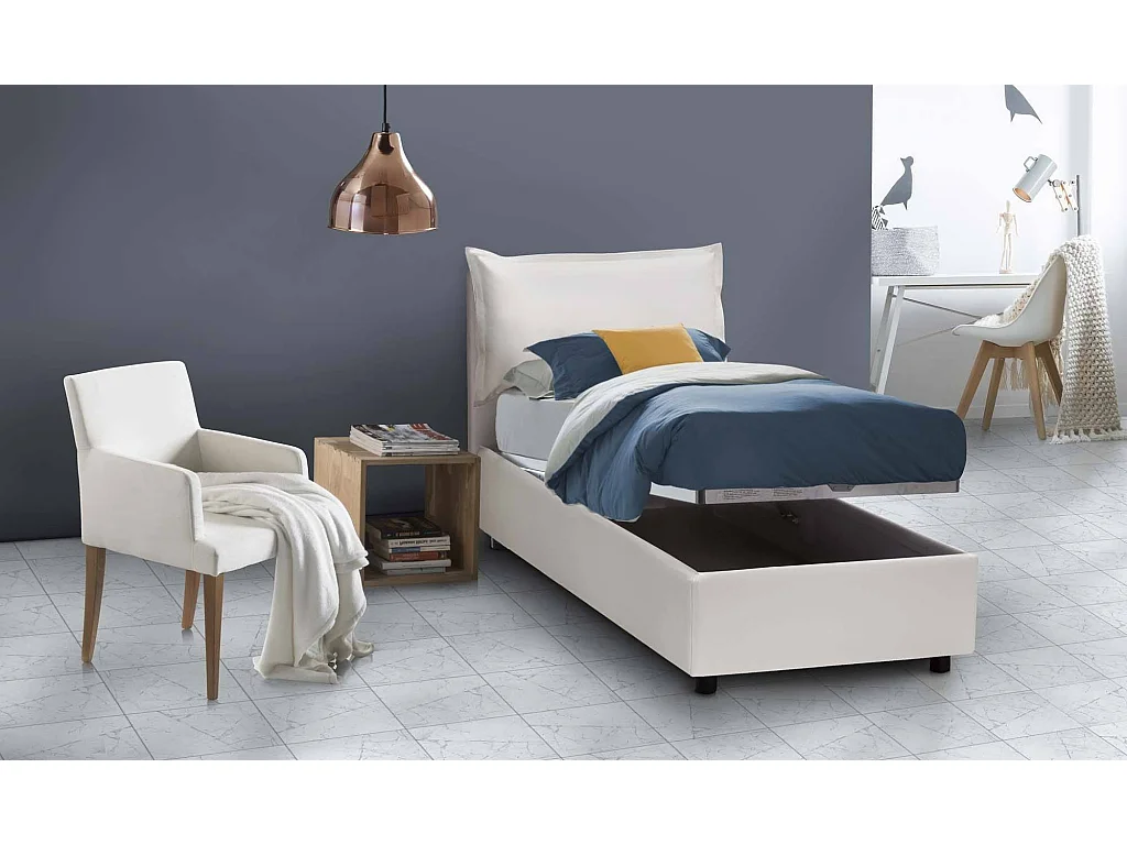 Cama individual Sarah, Cama contenedor con revestimiento de cuero ecológico, 100% Made in Italy, Apertura frontal, Apto para colchón de 90x200 cm, Blanco