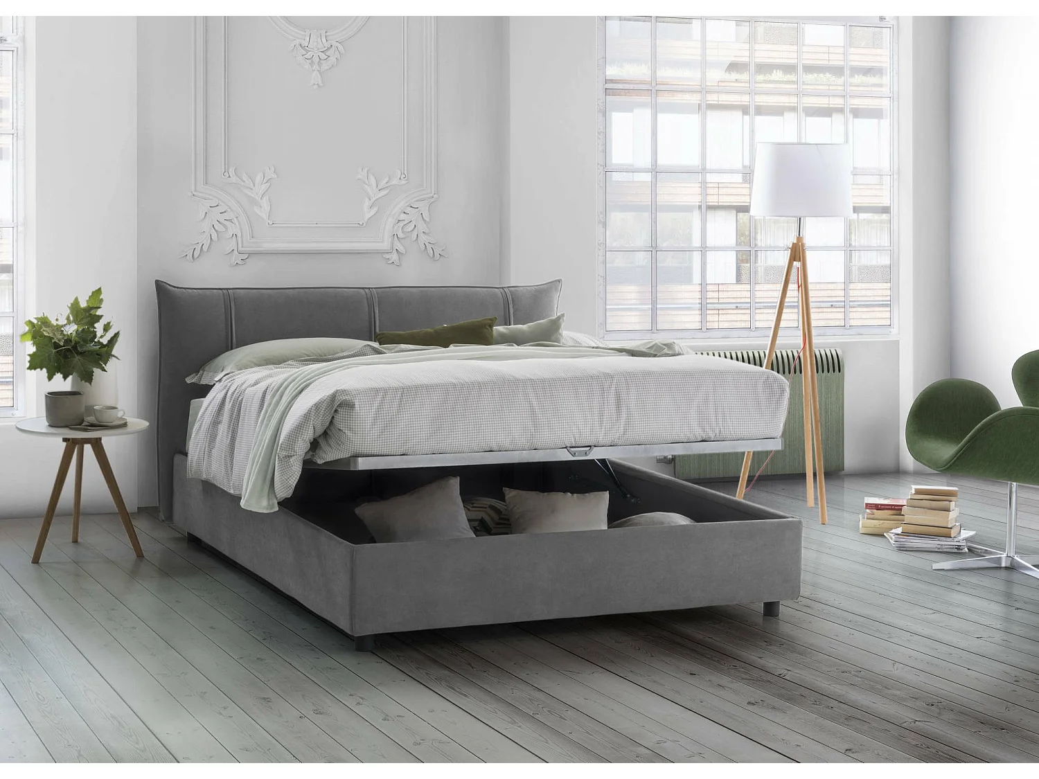 Celeste-Doppelbett, Bettkasten mit Stoffbezug, 100 % Made in Italy, Ã–ffnung vorne, geeignet für Matratzen 160 x 190 cm, Grau