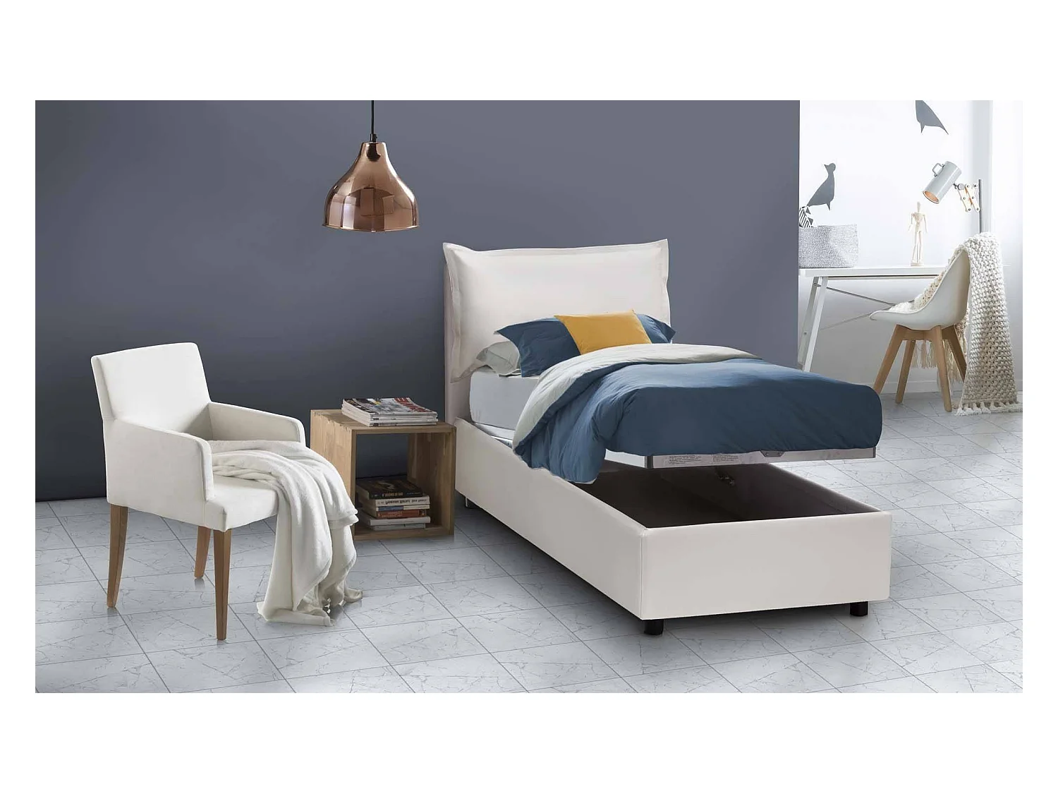 Lit simple Erika, Lit coffre avec revêtement en éco-cuir, 100% Made in Italy, Ouverture frontale, adapté pour matelas 90x190 cm, Blanc