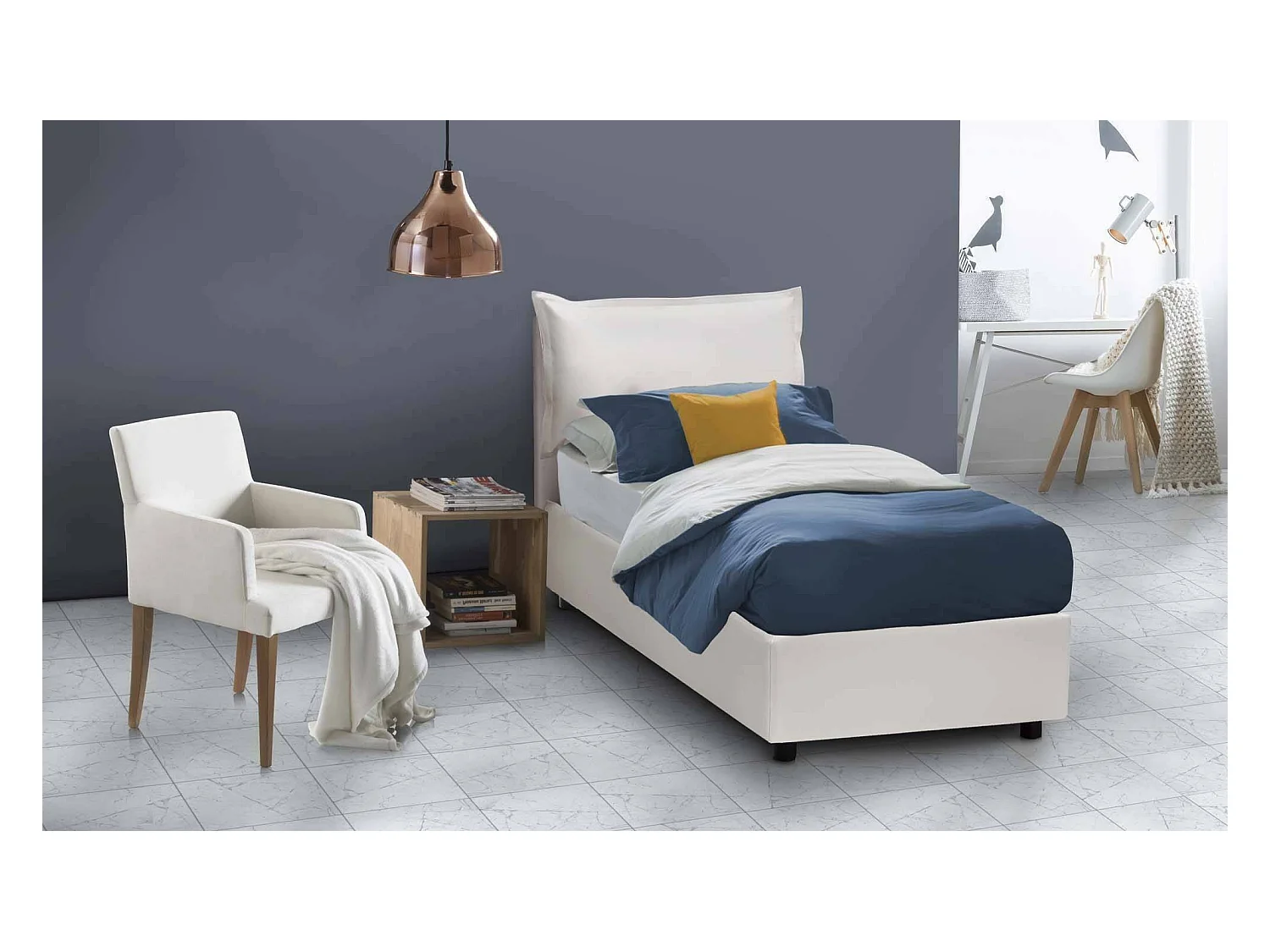 Lit simple Erika, Lit coffre avec revêtement en éco-cuir, 100% Made in Italy, Ouverture frontale, adapté pour matelas 90x190 cm, Blanc