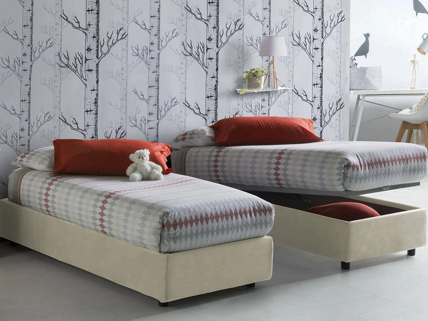 Cama individual Caterina, Cama contenedor con revestimiento de tela, 100% Made in Italy, Apertura frontal, Apta para colchón de 80x200 cm, Beige