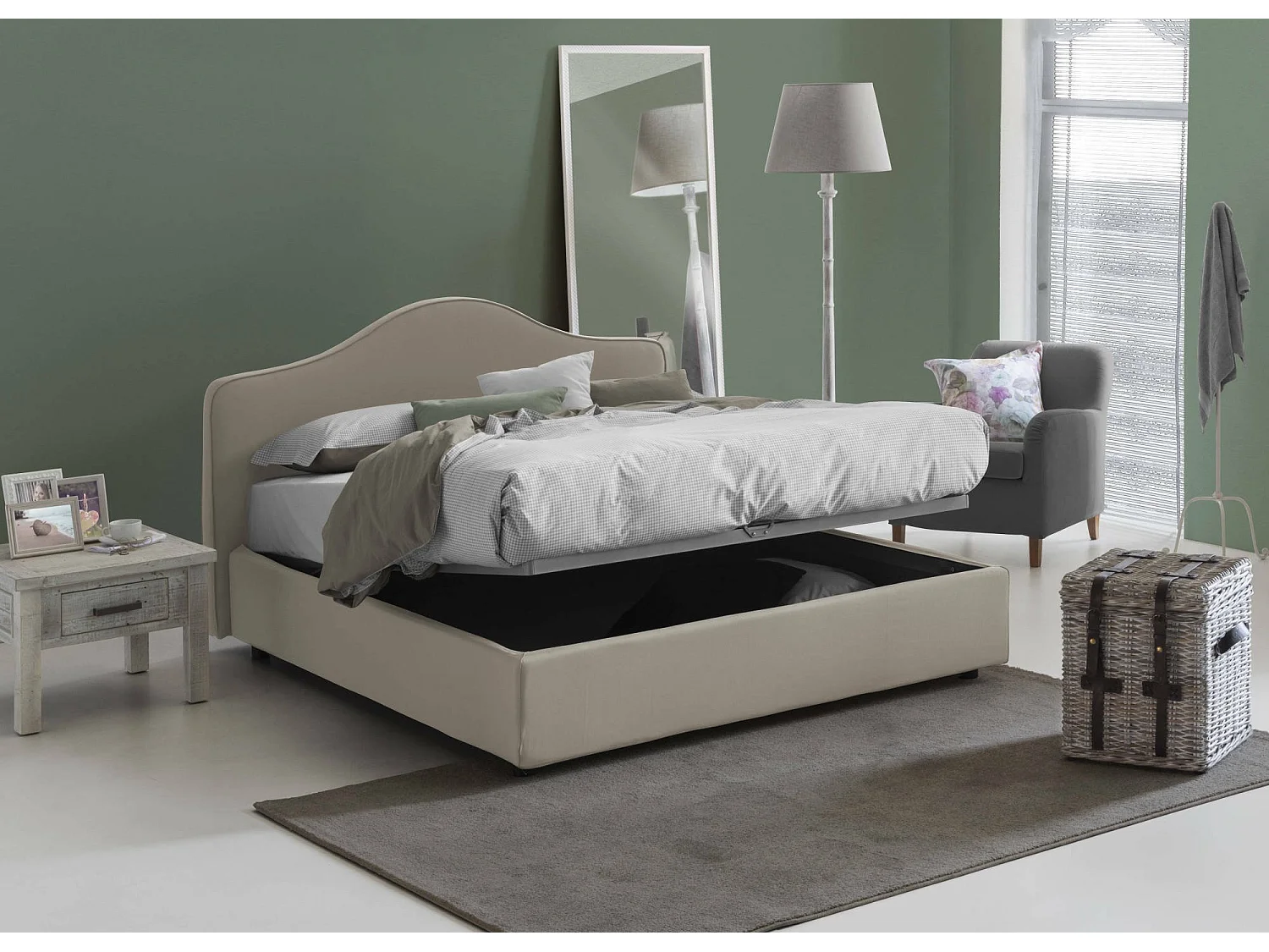 Lit double Annunziata, Lit coffre avec revêtement en tissu, 100% Made in Italy, Ouverture frontale, avec matelas 160x190 cm inclus, Taupe