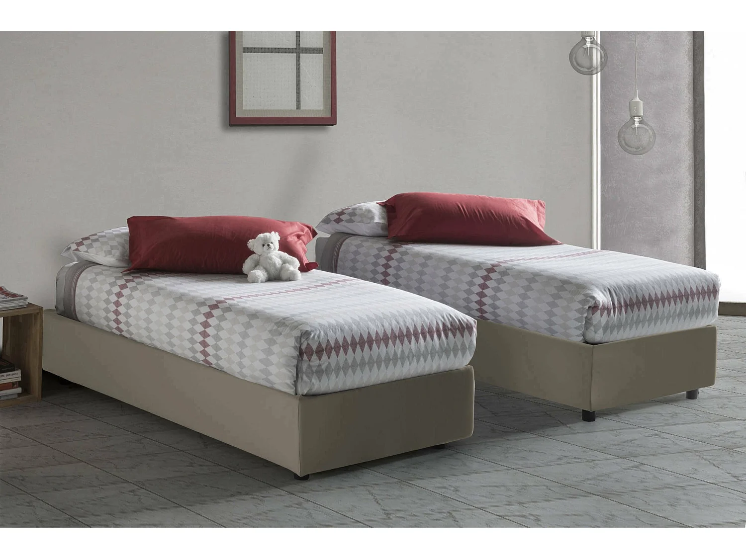 Cama individual Diletta, Cama contenedor con tapizado en ecopiel, 100% Made in Italy, Apertura lateral, Apta para colchón de 80x190 cm, Taupe