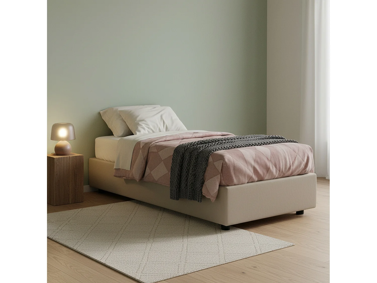 Letto singolo Diletta, Letto contenitore con rivestimento in ecopelle, 100% Made in Italy, Apertura laterale, adatto per materasso Cm 80x190, Tortora