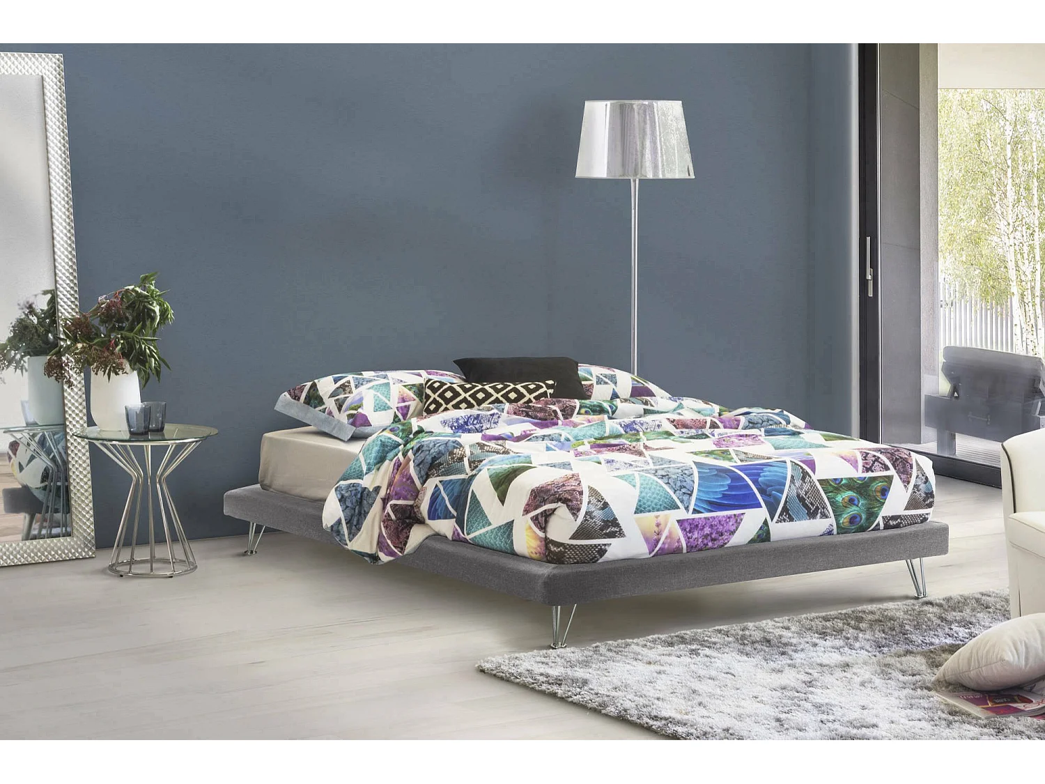 Doppelbett Isabella, Festbett aus Stoff mit Füßen, 100 % Made in Italy, geeignet für Matratze 160 x 190 cm, Grau