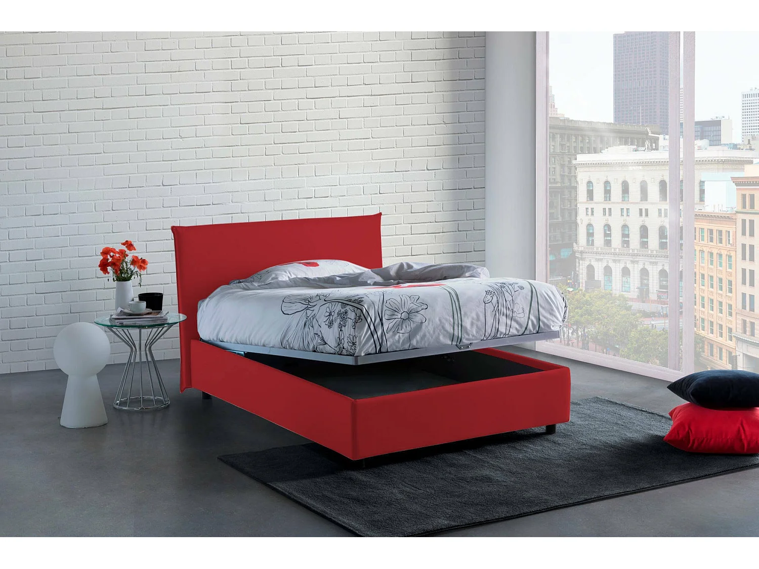 Chicca-Doppelbett, Bettkasten mit Stoffbezug, 100 % Made in Italy, Ã–ffnung vorne, inklusive Matratze 120 x 200 cm, Rot