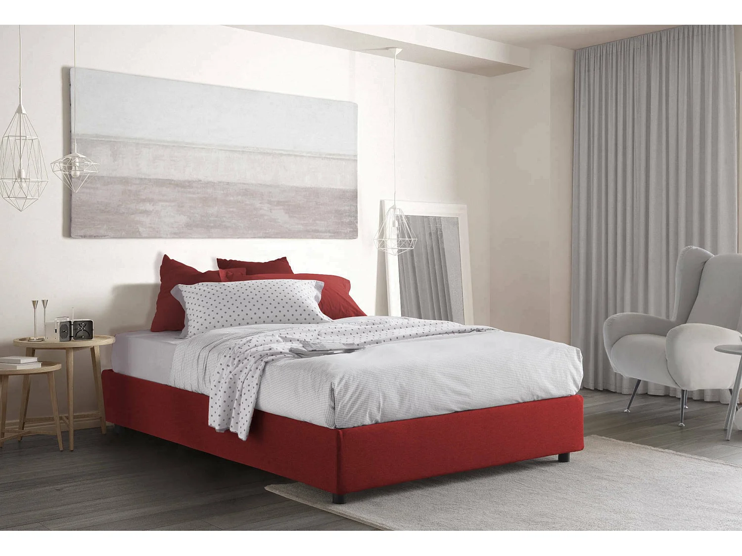 Lit double Azzurra, Lit coffre avec revêtement en tissu, 100% Made in Italy, Ouverture frontale, adapté pour matelas 140x190 cm, Rouge